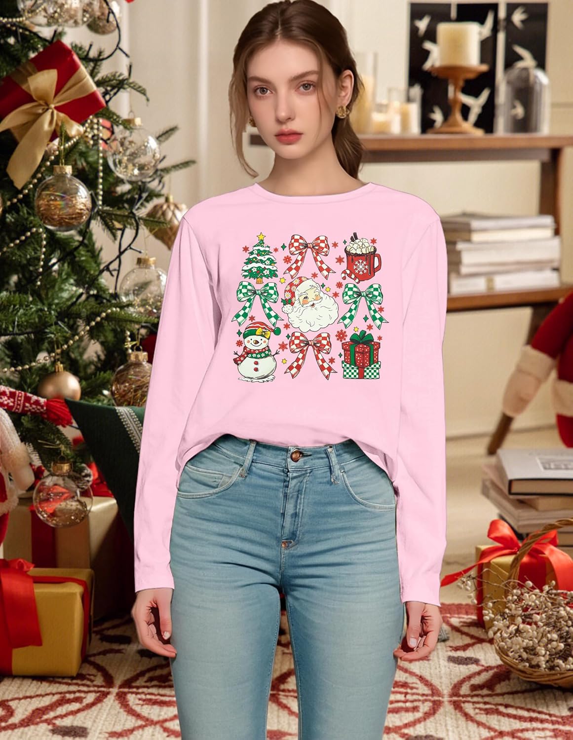 Merry Christmas Shirts for Women Santa Christmas Long Sleeve Shirt Xmas Holiday Party Blouse Tops - Image 2