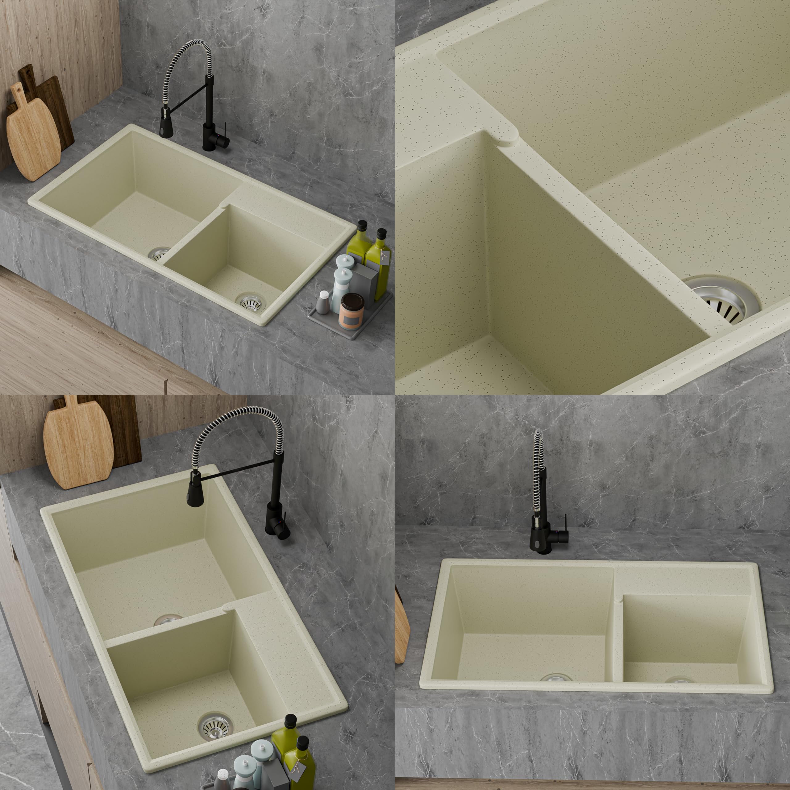HISRE Quartz Kitchen Sink | 31x18x9 Inches Double Bowl Quartz Sink for Kitchen | UV Protected Sound Dampening Scratch Resistant Noise Reducing Durable and Easy to Clean | Crema, photo 4 of 5
