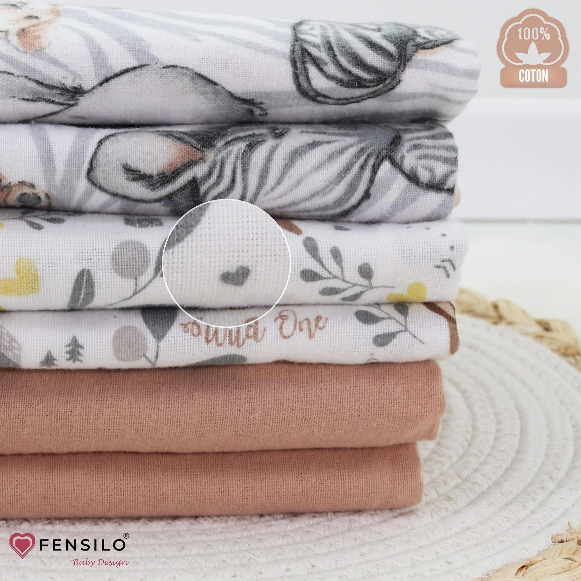 FENSILO Torchons en Flanelle Molleton - Paquet de 6 Couches 100% Coton, 80x80 cm, Motif Animal CERF pour Bébé Unisexe