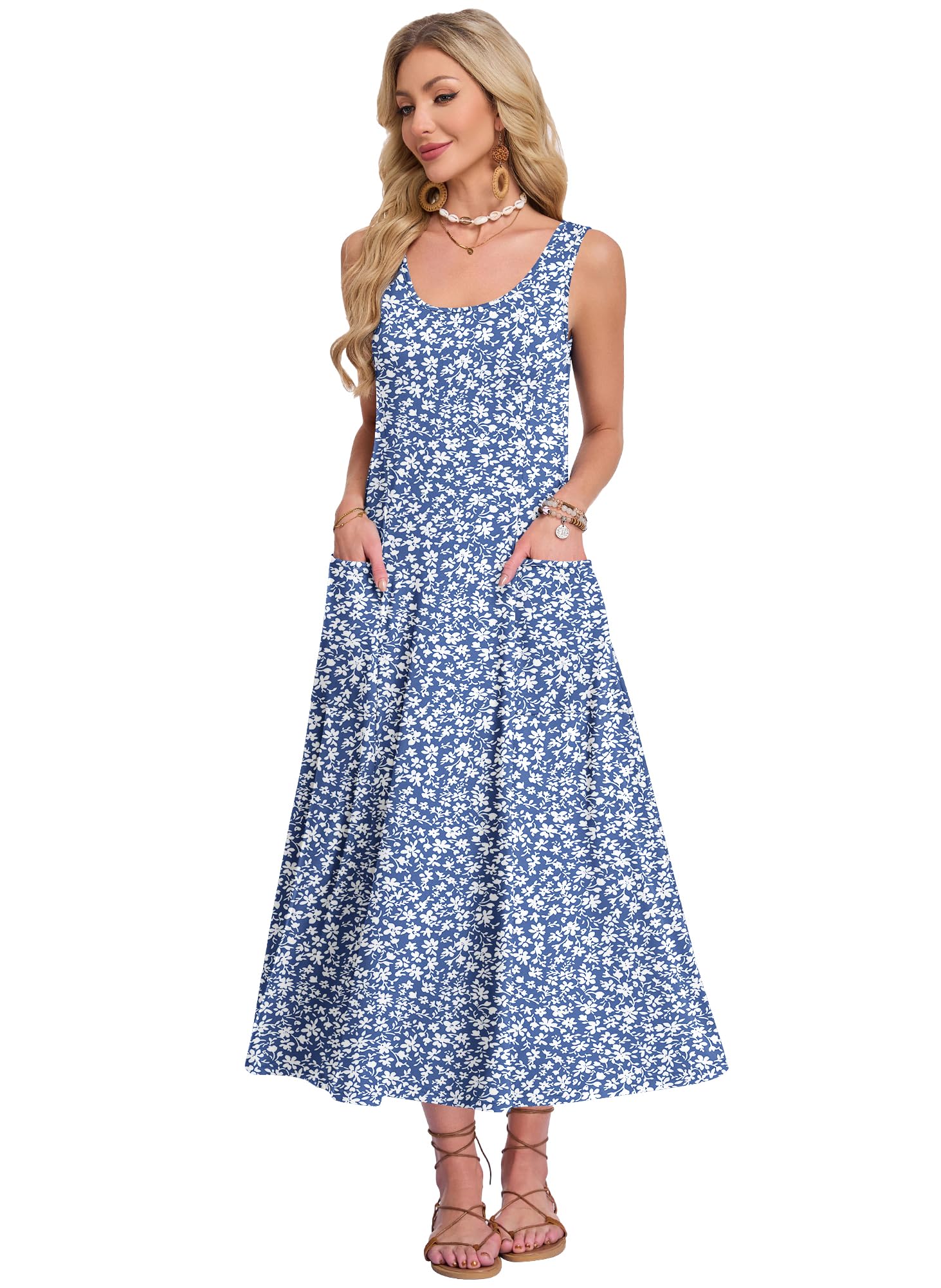 AUSELILY Abito Estivo da Donna Senza Maniche Modello a Trapezio Abito Lungo Casual con Scollo a U Vestito Ampio per Le Vacanze e la Spiaggia con Tasche