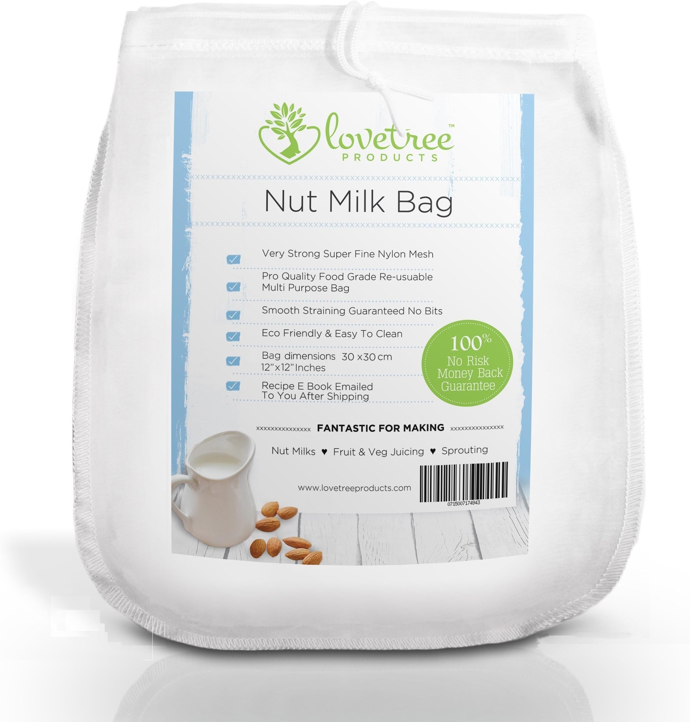 Lovetree Products Large Nut Milk Bag size 12"X12" – Premium Quality Almond Milk Strainer – Better than Cheesecloth - Strong & Reusable Nylon Mesh – Smooth Milks, Vegetable & Fruit Juices Every Time With a No Risk 100% Money Back Guarantee.