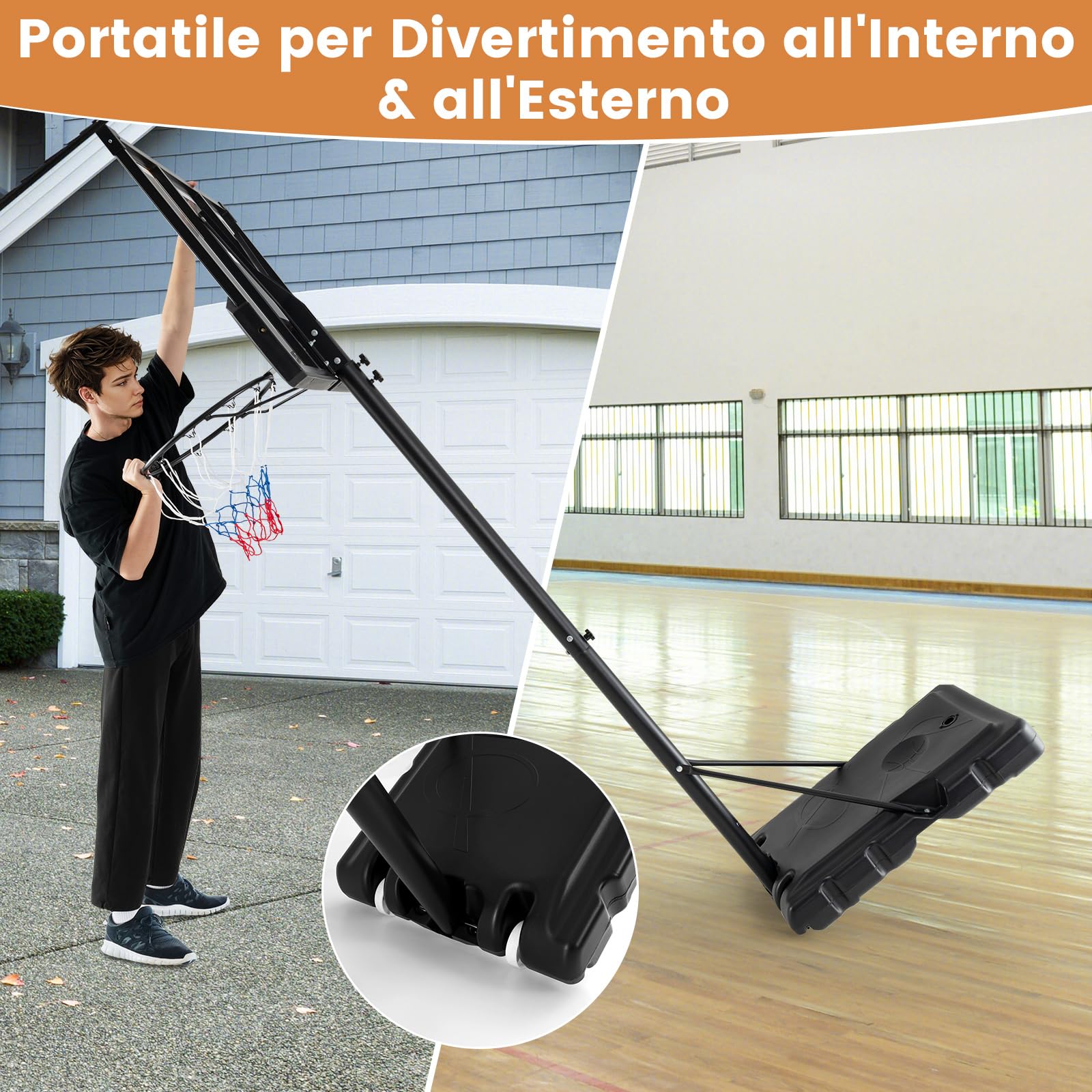 COSTWAY Canestro da Basket Regolabile 160-305 cm in Altezza per Adulti, Canestro con Piantana a Ruote, Canestro con Asta e Base Riempibile per Interno ed Esterno, Nero
