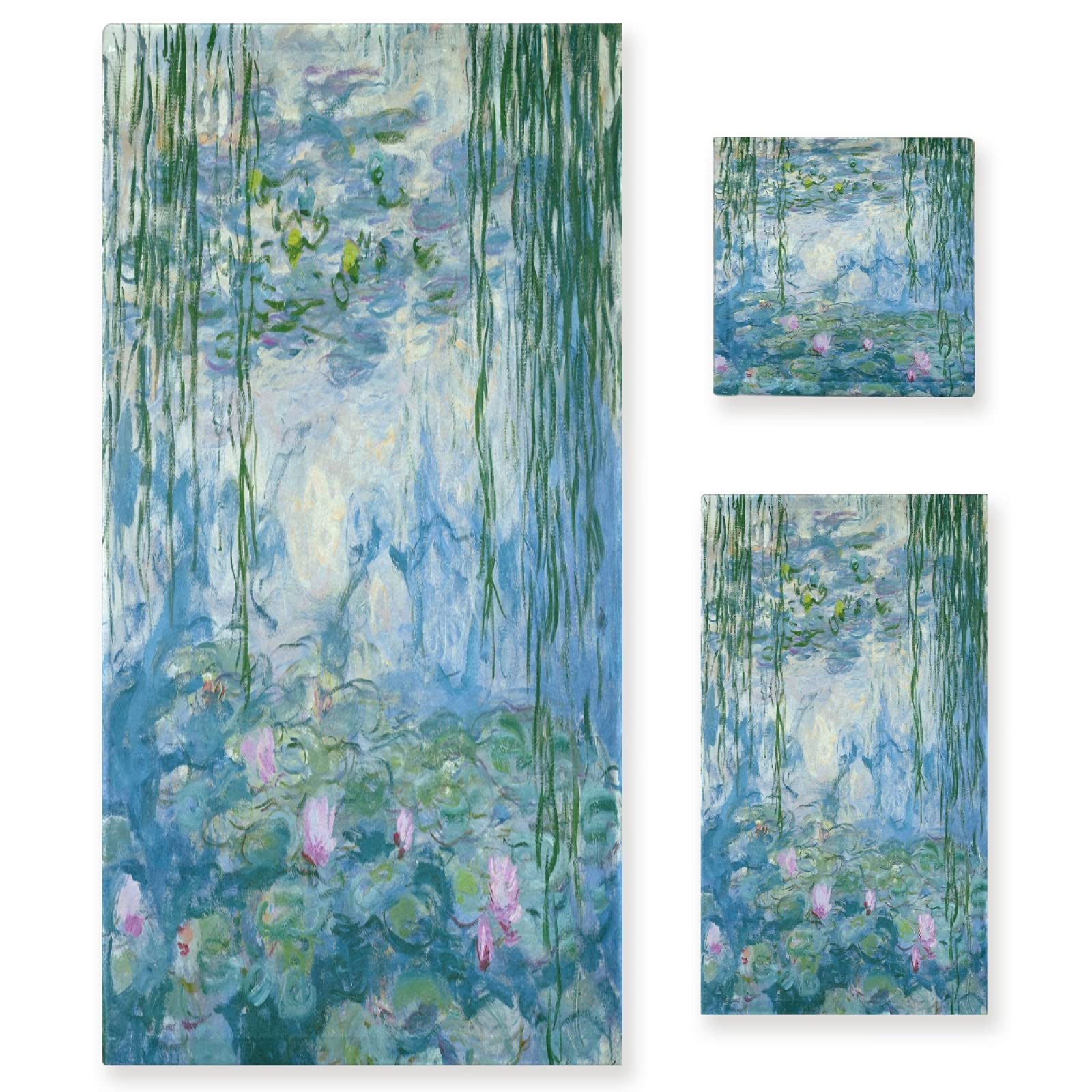 AHOMY Water Lilies by Claude Monet Oil Paintings 3Pcs Bath Towels Set Include Bath Towel, Hand Towel and Wash Cloth for Bathroom, Hotel, Gym, Spa and Beach