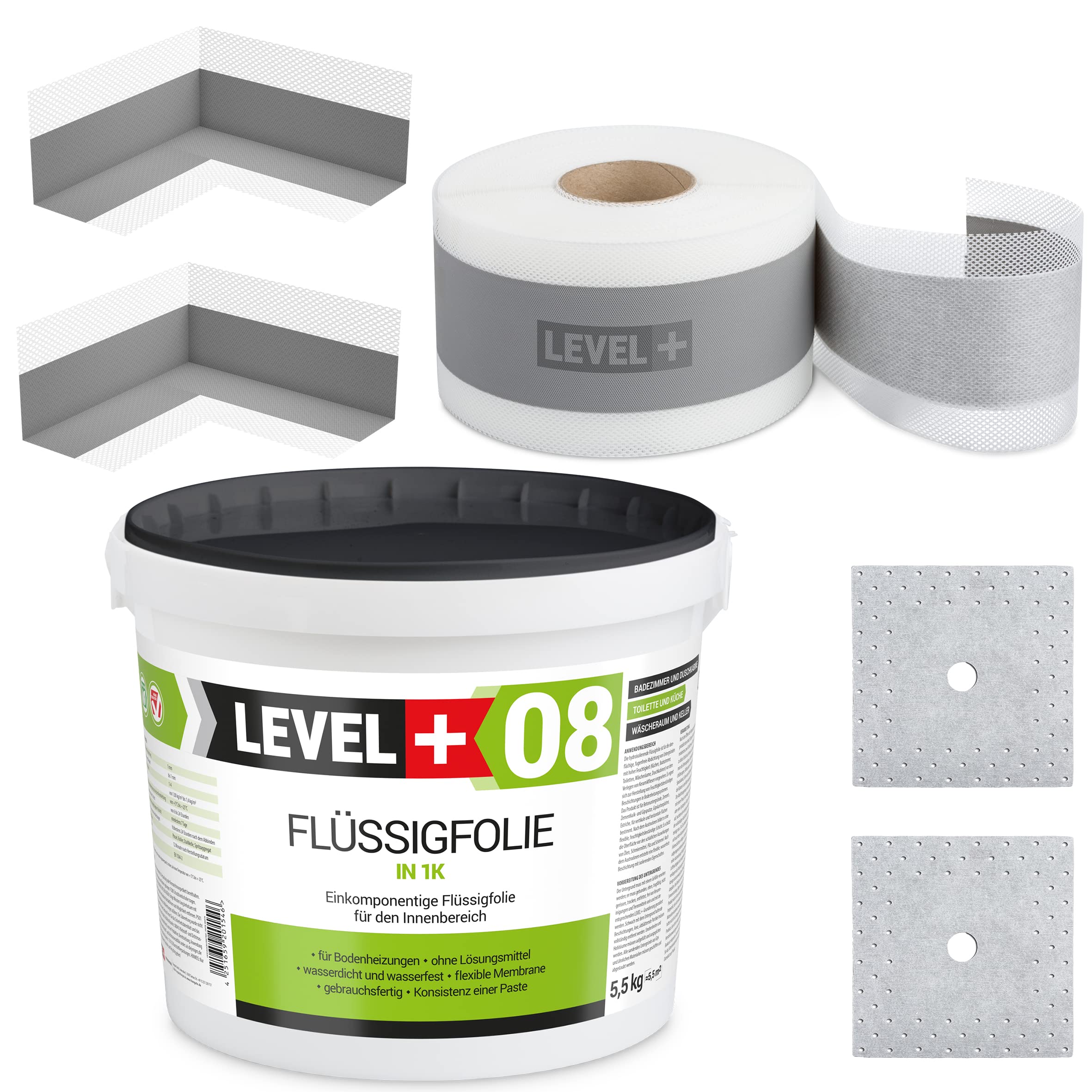 Dichtset Bandset 5,5 Kg Flüssigfolie, 2 Innenecken, 2 Wandmanschetten 5m