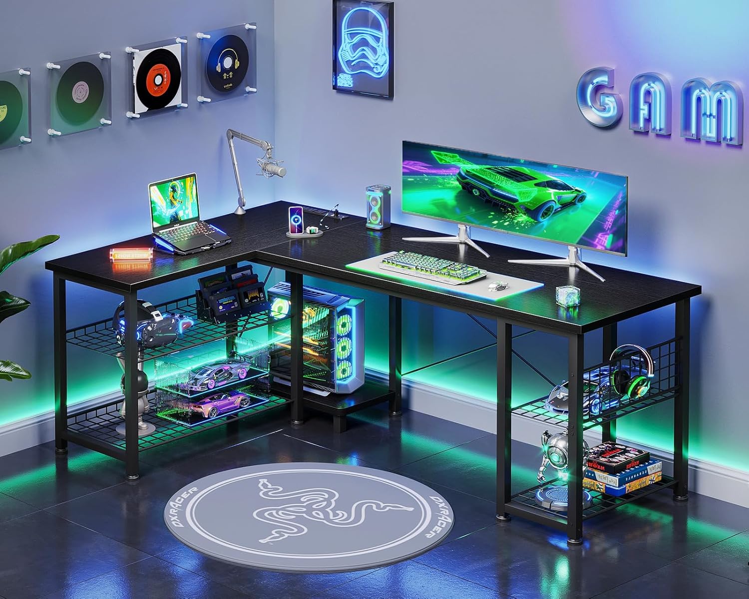 Casaottima 51 Inch L Shaped Gaming Desk with Shelves & Power Outlets, Reversible Computer Desk with Storage Shelves for Home Office, Black image 2 of 9 B0F1YFC4MR