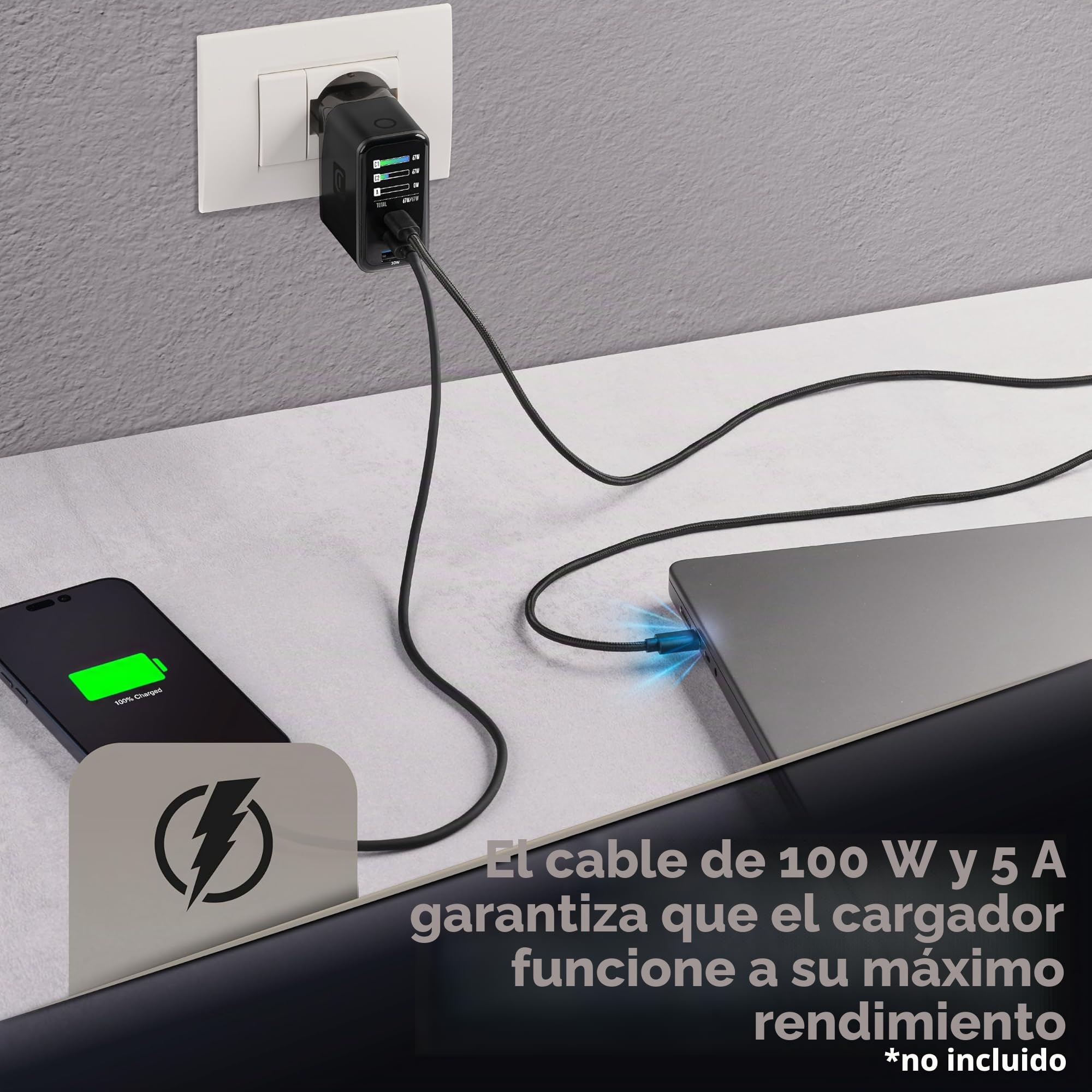 Cellularline PowerView IQ Cargador 67W con Pantalla TFT para Carga rapida y Control de Potencia en Tiempo Real, Negro