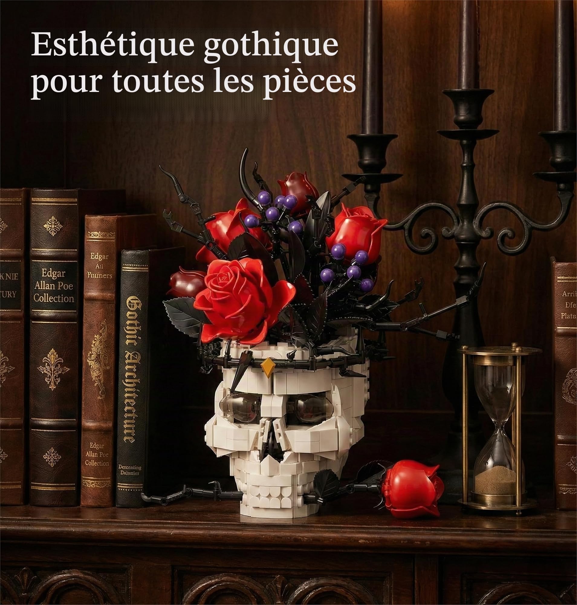 Kit de Construction Crâne Gothique avec Rose – Décoration Esthétique pour Adultes, Centre de Table Style Dark Academia, Compatible avec Fleurs Lego & Sets Horreur, Cadeau Halloween & Saint-Valentin