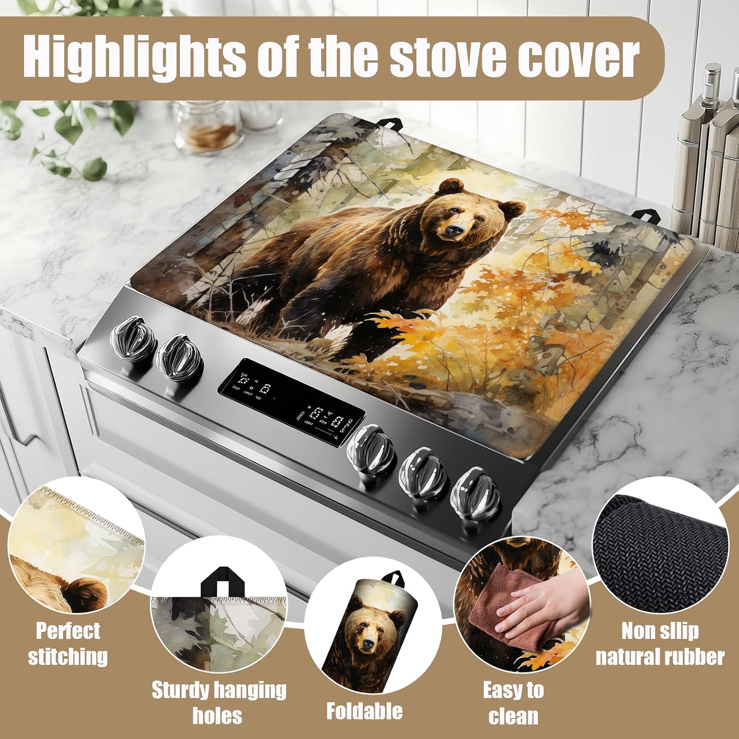 Watercolor Bear ForestStove Top Covers for Electric Stove, Wild Animals Electric Gas Stove Pad Heat Resistant Range Cooktop Protector for Home Decor Kitchen 28"x20"