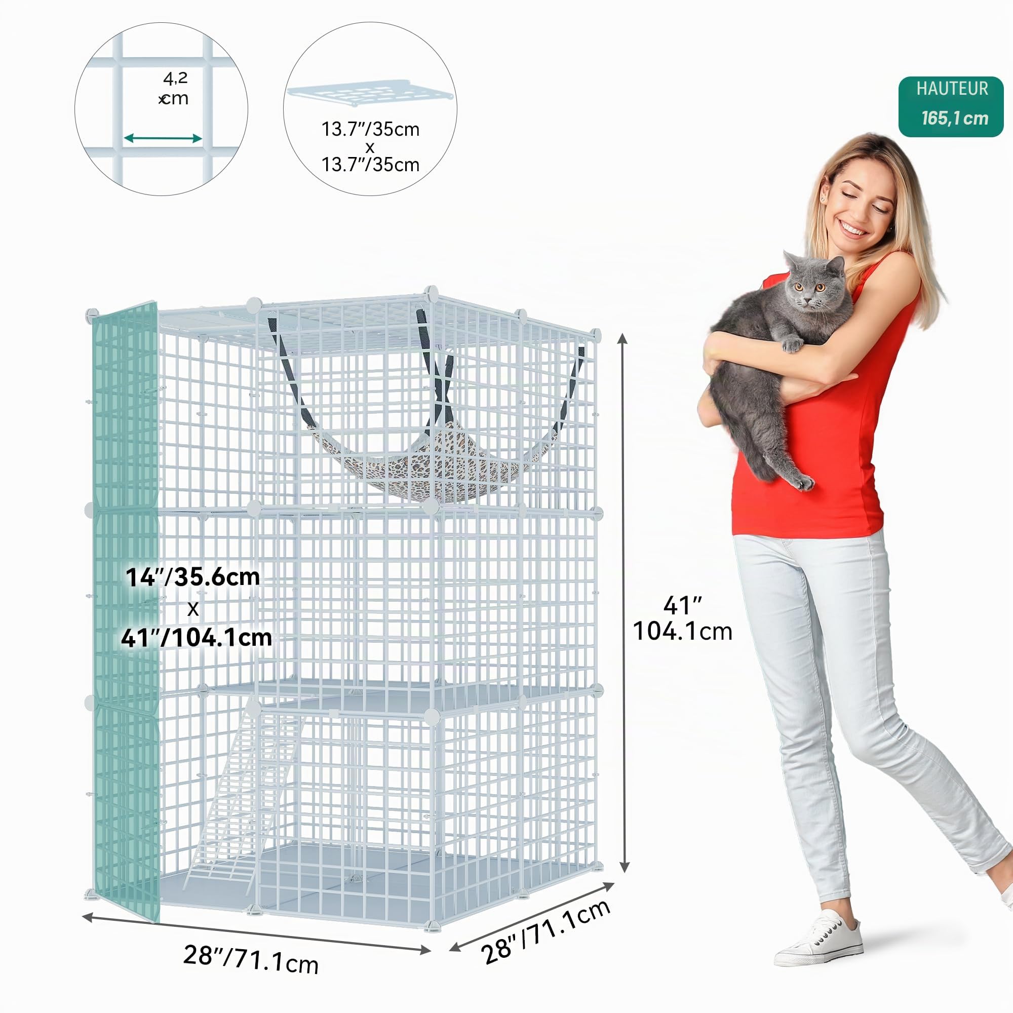 YITAHOME Cage d'intérieur pour Chat 3 Niveaux à Monter soi-même, Niche pour Chat avec Hamac Extra Large, 72 x 72 x 104 cm, Blanc