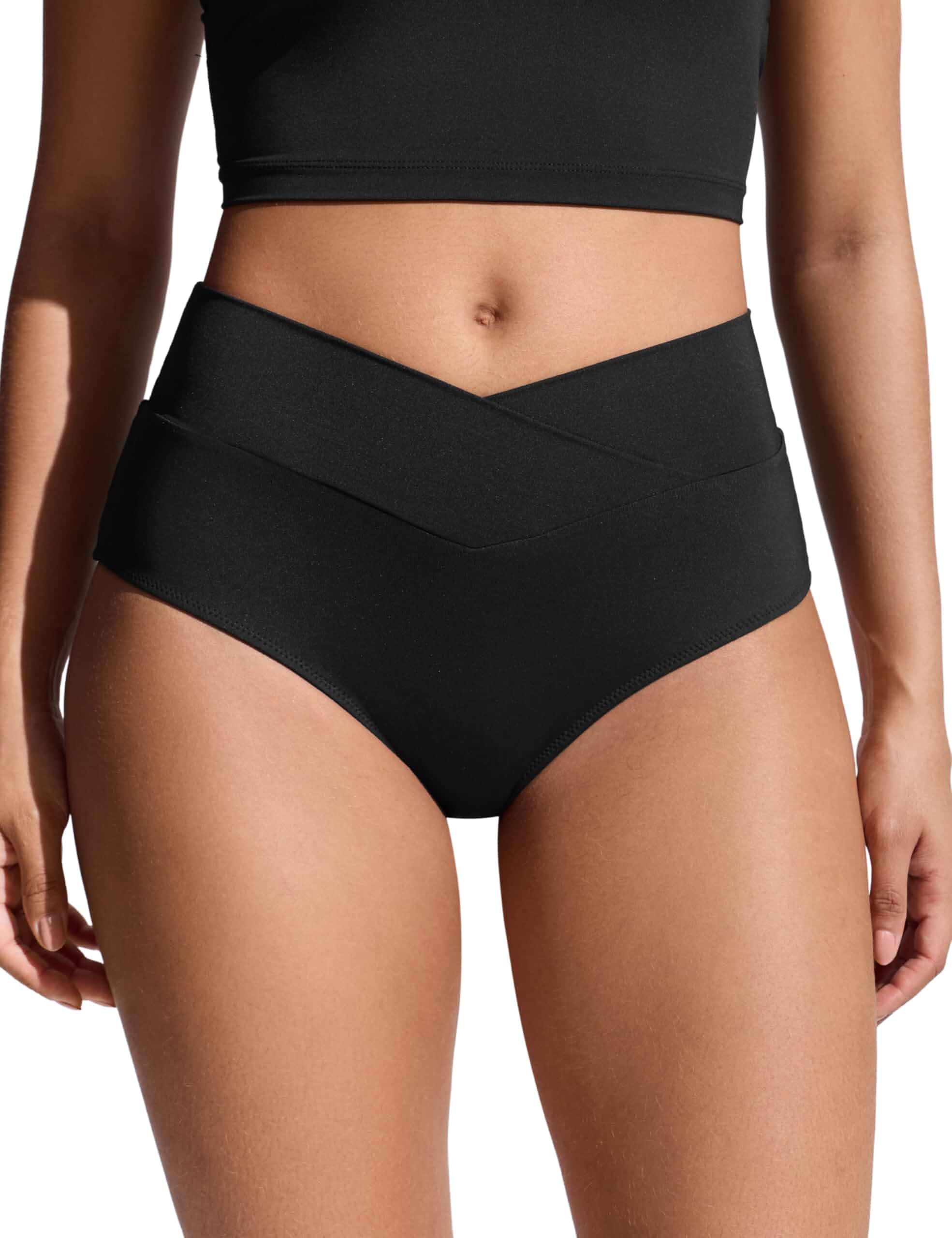 CRZ YOGA V-Shaped High Waisted Bikini Bottoms Mid Cut Leg, Medium Bum Coverage, Cross Front, Swim, Bathing Suit Briefs for Women