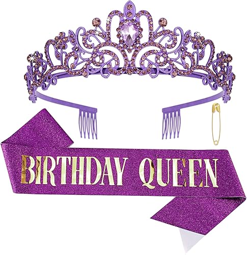 Miniatura 1 de CIEHER Corona de oro rosa de cristal + banda de reina de cumpleaños + pin de perla, corona de cumpleaños y banda de cumpleaños para mujer, banda de