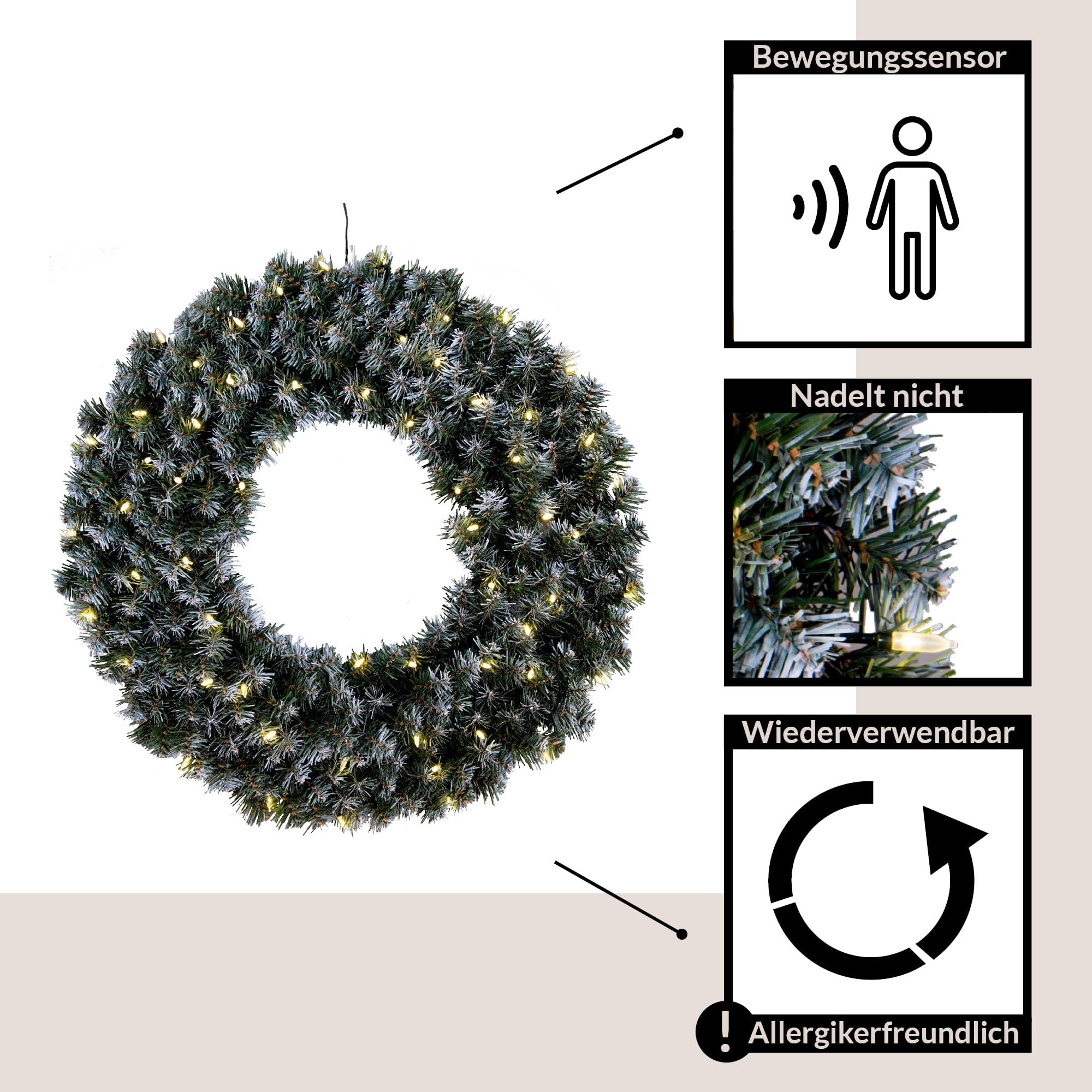 EGLO LED Weihnachtskranz, Kranz Weihnachten beleuchtet, Adventskranz in Tannengrün mit weißen Schnee-Details für innen und außen, warmweiß, mit Kabel, Ø 70 cm, IP44 | Adventskranz in Tannengrün mit weißen Schnee-Details für innen und außen, warmweiß, mit