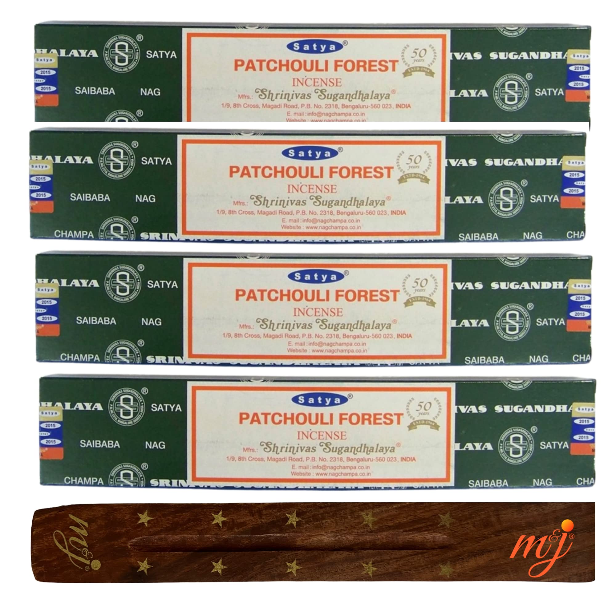 Original Satya Nag Champa Patchouli Forest Sticks | with M&J incense sticks holder | x4 pack | for Aromatherapy, Spa, Yoga, Weddings, Meditation, Healing, Positivity and Relaxation
