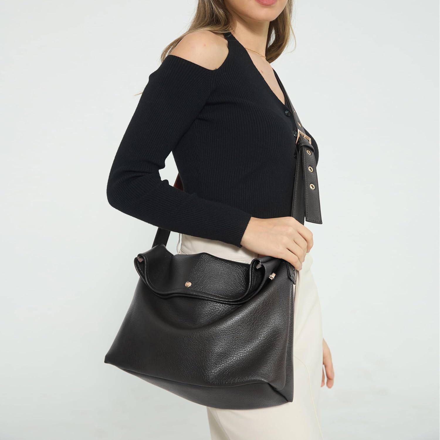 HOXIS Messenger Bag for Women Crossbody Purse Vegan Leather Foldover Shoulder Handbag