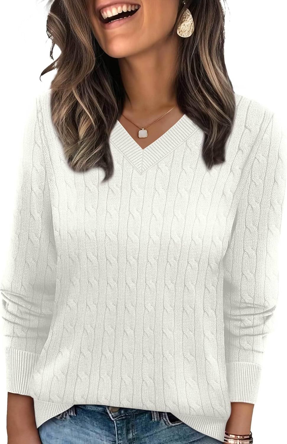 Sampeel Sweaters for Women Fashion 2025 Cable Knit Fall Clothes V Neck Business Casual Teacher Outfits