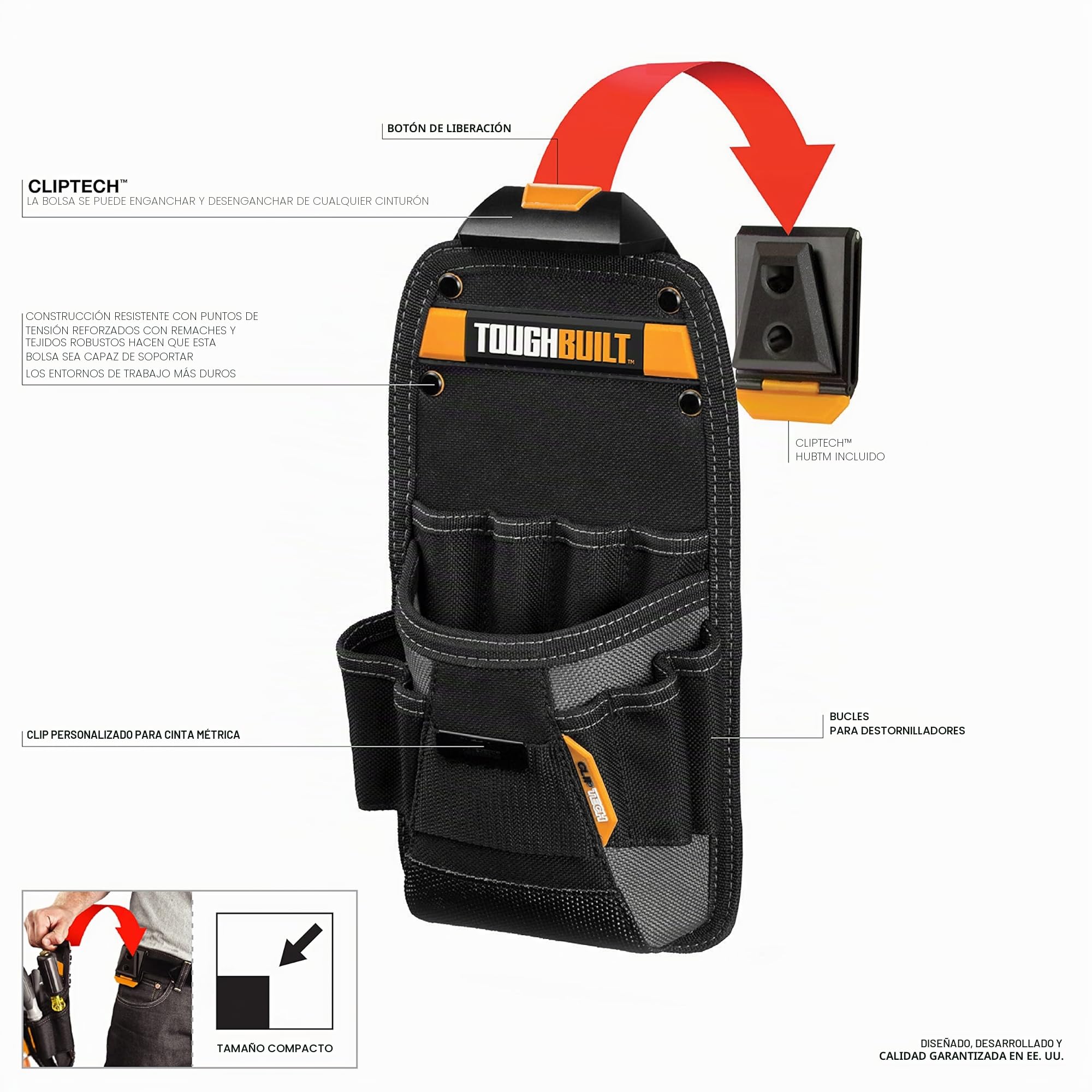 ToughBuilt - Bolsa para técnico: Bolsillos y Bucle, Funda Ajustable, Trabillas de Destornillador Ajustadas, Accesorio Seguro para múltiples Herramientas (Hub ClipTech ™ Incluido)