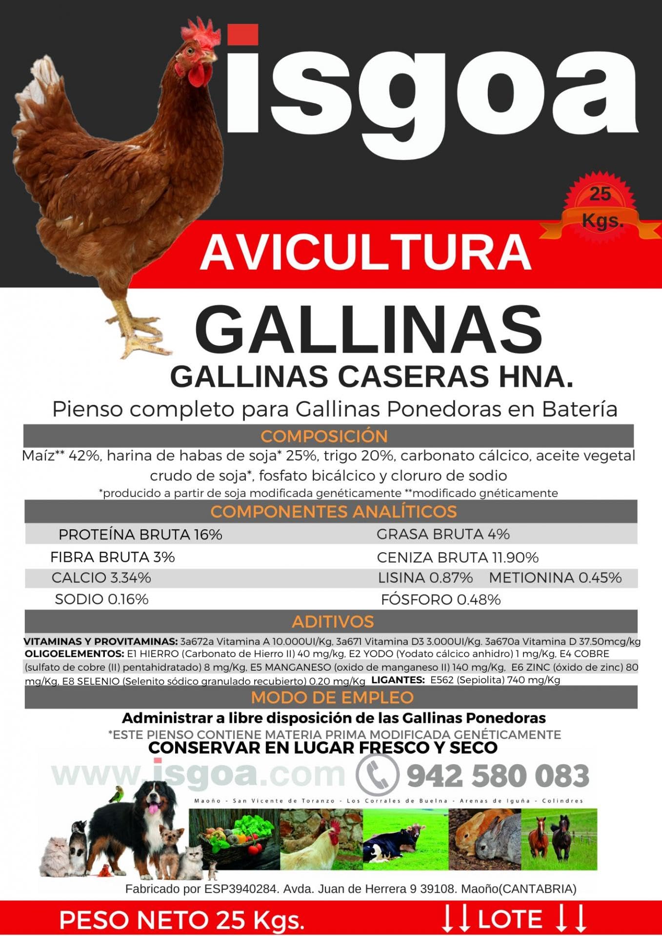 Pienso para gallinas 25 Kilos iSGOA. Receta Tradicional gallinas caseras..