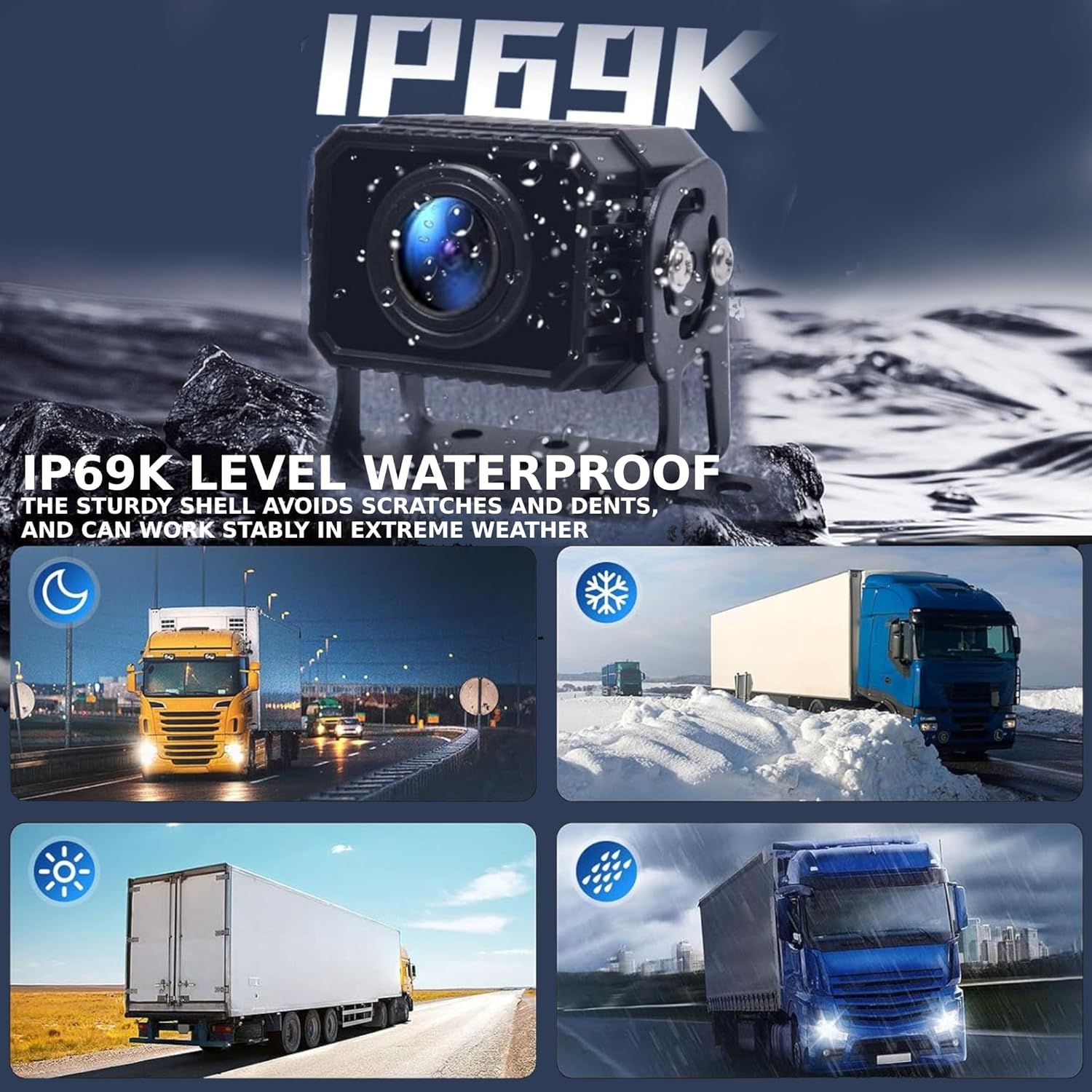 IP69K waterproof camera shown with various weather conditions and night vision capability