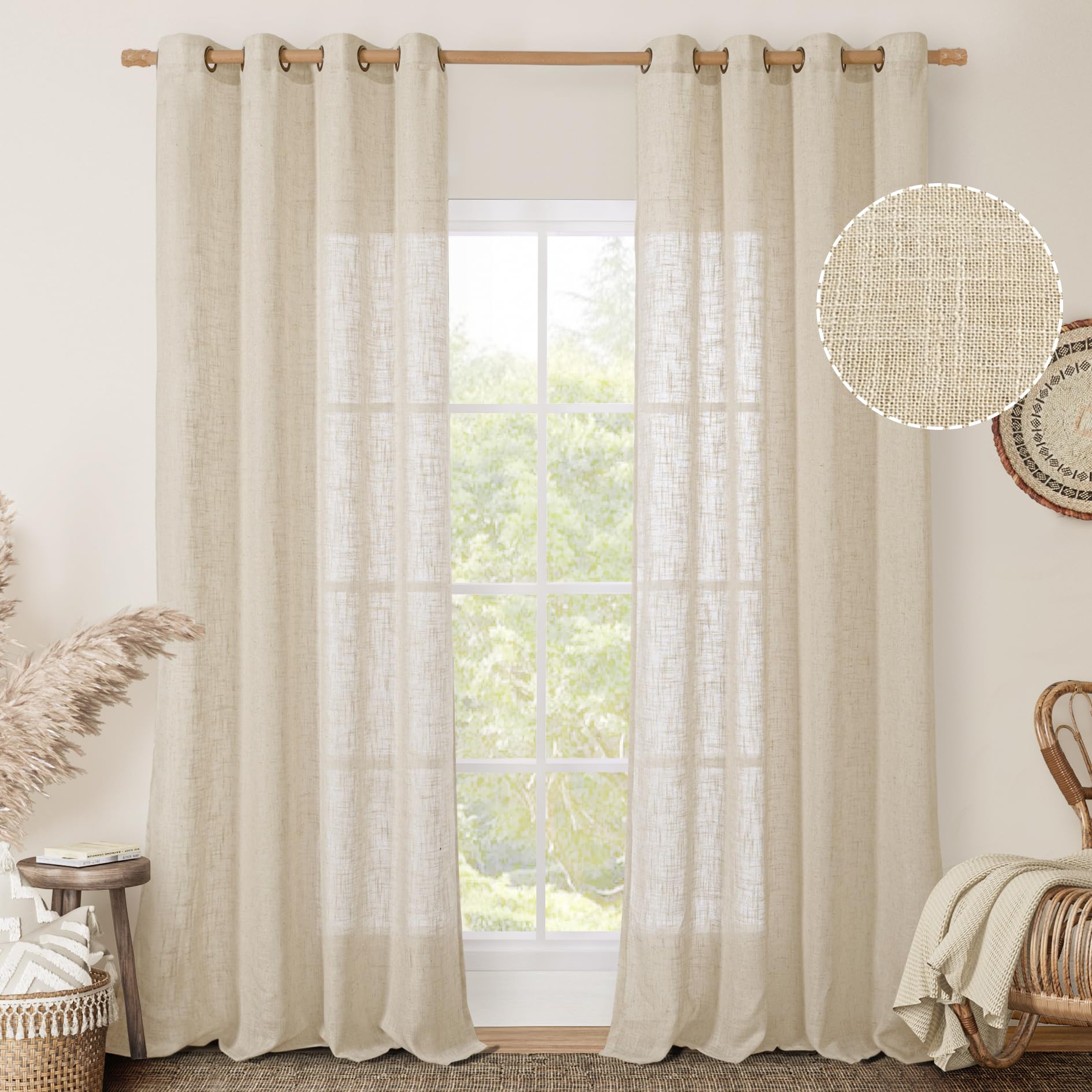 LAMIT - Linen Sheer Curtains Light Filtering Semi Sheer Linen Texture Bronze Grommets Natural Boho Drapes for Living Room/Farmhouse 2 Panels, 52x102 Inches โ image 1