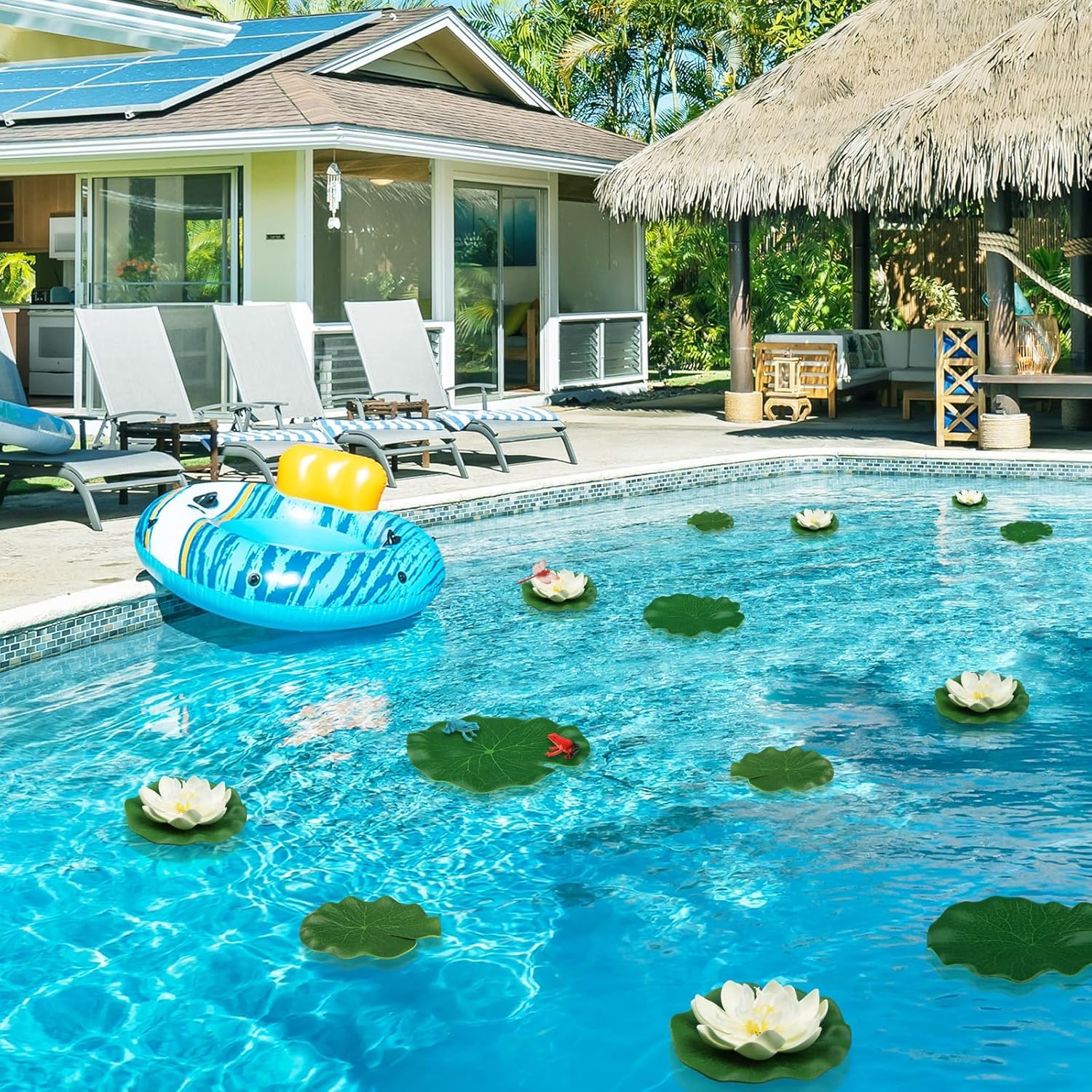 14 Pièces Nénuphar Flottant Fleurs Artificielles, Fleur de Nénuphar de Lotus avec Libellule Grenouille Artificielle Nenuphar Flottant Lotus pour Jardin, Aquarium, Etang de Jardin Décor