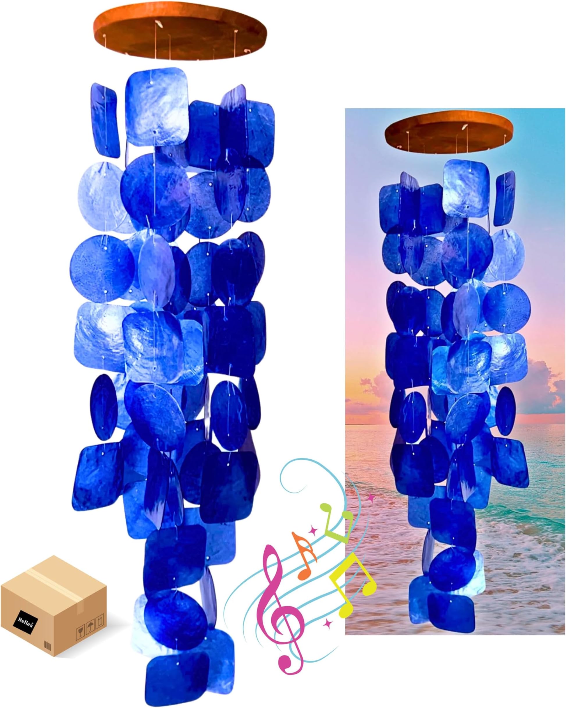 27918 Wind Chime Capiz Sea Blue Coastal Handmade 27inch