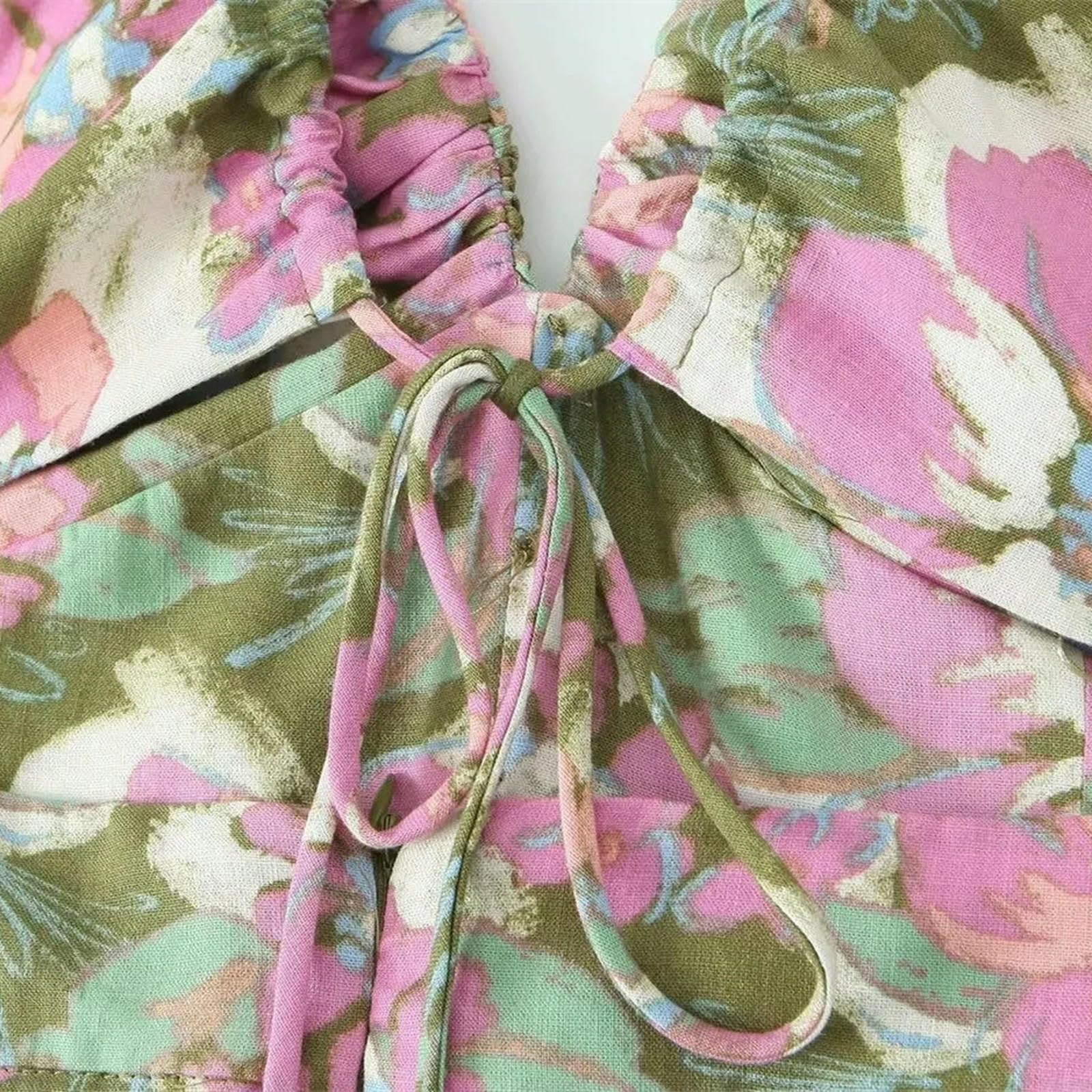 Sukienki damskie moda len mieszane kwiaty nadruk sukienka wakacje dekolt w serek regulowane paski otwarte plecy krawat przód rozcięcie kobieta, kolor obrazu, S