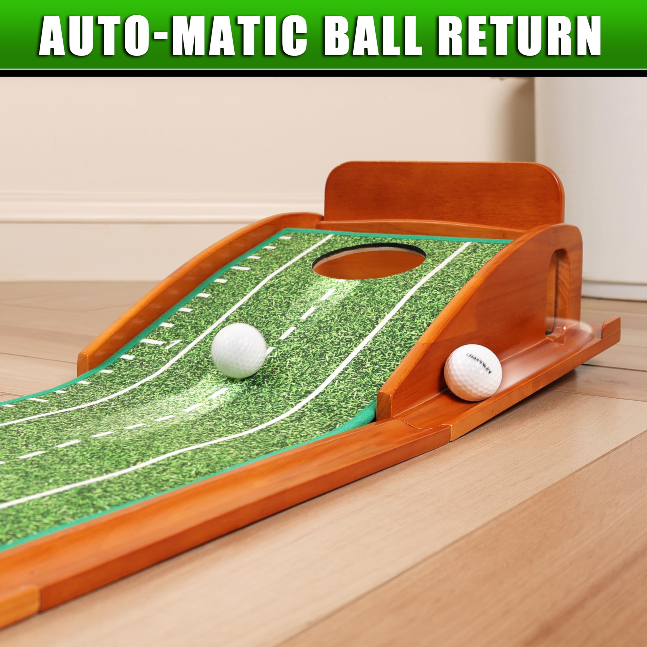 CHAMPKEY Premium Wooden Golf Putting Mat with 3 Gates - Realistic Green Surface - Improve Accuracy