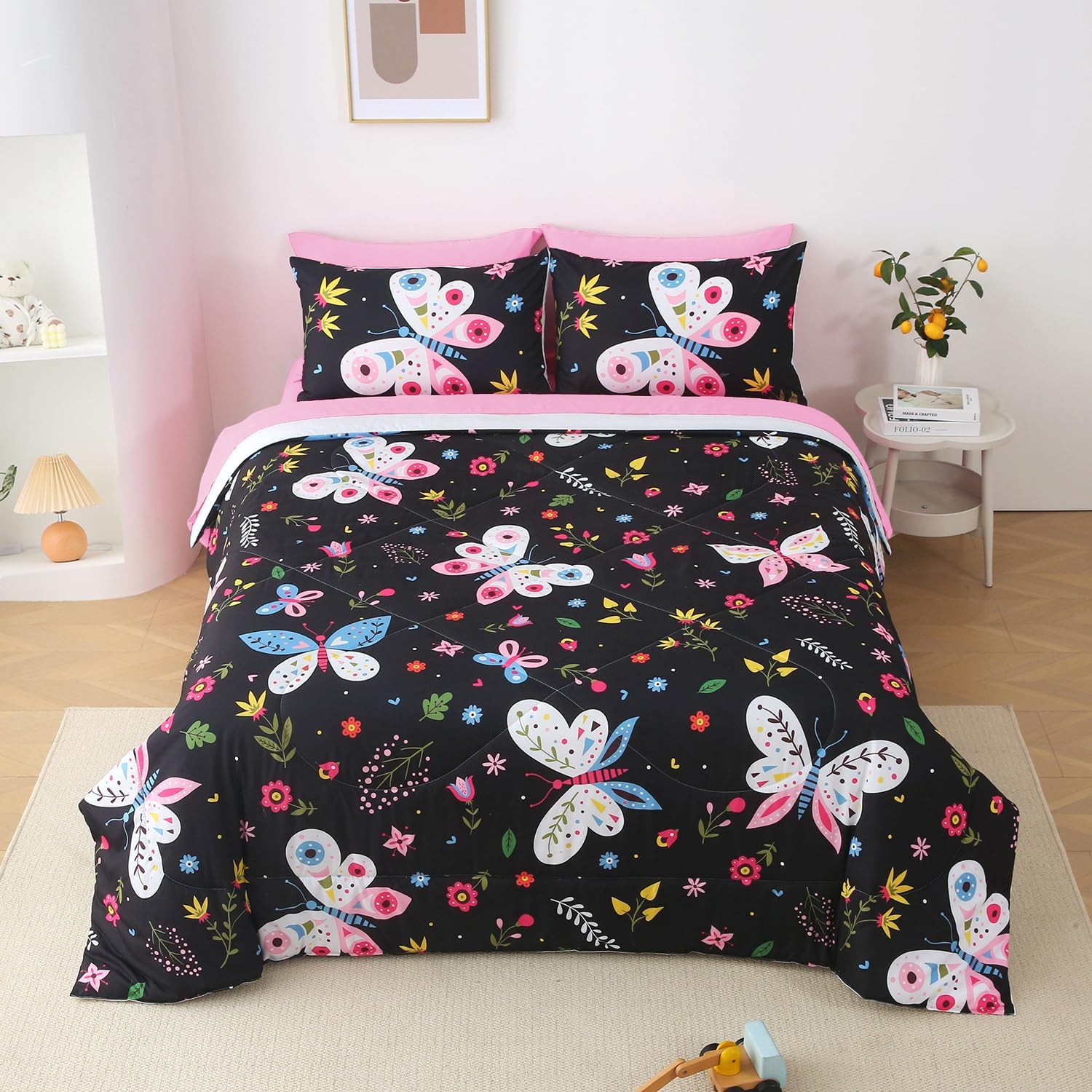 Girls Butterfly Comforter Set Queen Size Black 7 Piece Bed in A Bag Colorful Flowers Leaves Bedding Set for Kids Teens Adults Super Soft All Season