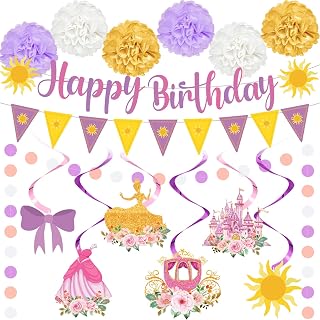 15pcs Purple Princess Birthday Decorations Set Includes Happy Birthday Banner, Hanging Swirls, Circle Dot Garland, Paper Pompoms, Pennant Purple Sun Birthday Decorations for Women Girls