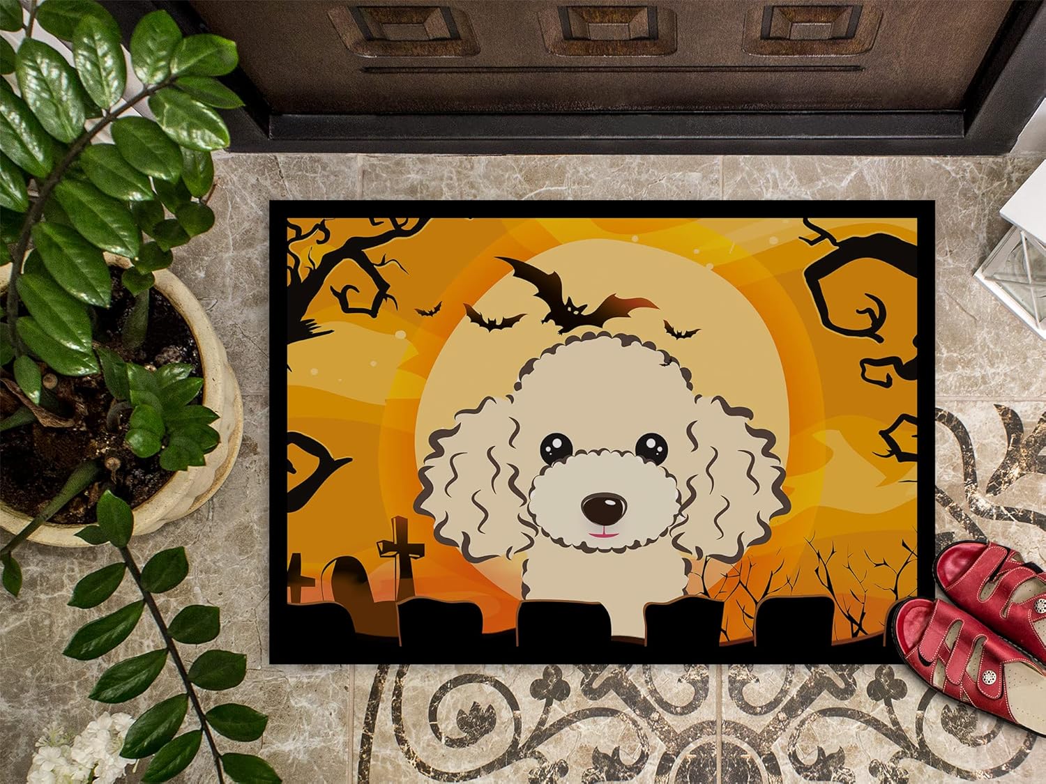 Caroline's Treasures BB1816MAT Halloween Buff Poodle Doormat 18x27 Front Door Mat Indoor Outdoor Rugs for Entryway, Non Slip Washable Low Pile, 18H X 27W