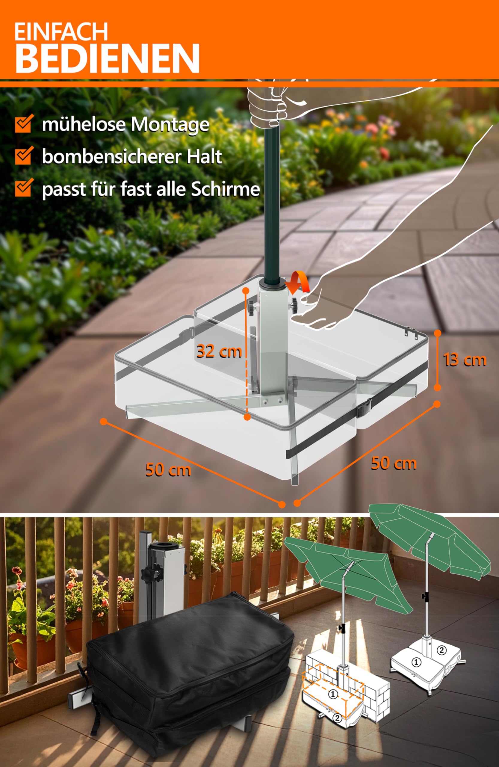 4smile Sonnenschirm rechteckig 200x125cm + Sonnenschirmständer + Schirmhülle - Sonnenschutz Balkon Set 3-teilig, Sonnenschirm Balkon mit Ständer - Balkonschirm knickbar höhenverstellbar
