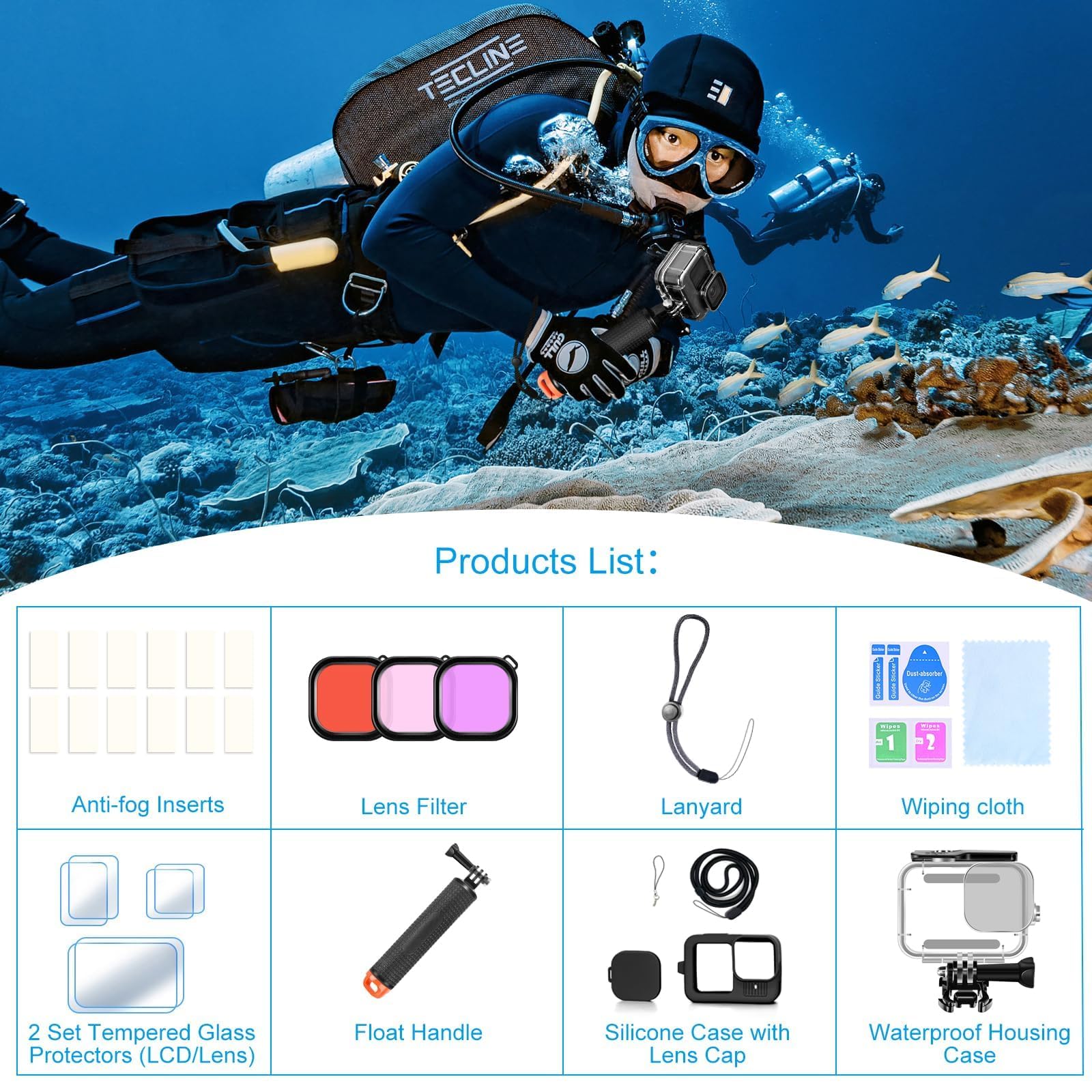 Zubehöre Kit für Gopro Hero 13 Wasserdicht Tauchgehäuse Unterwasser Schwimmender Handgriff 2X Glasfolien Displayschutz Rotfilter Silikon Schutzhülle mit Objektivabdeckung Anti-Fog-Einsätze