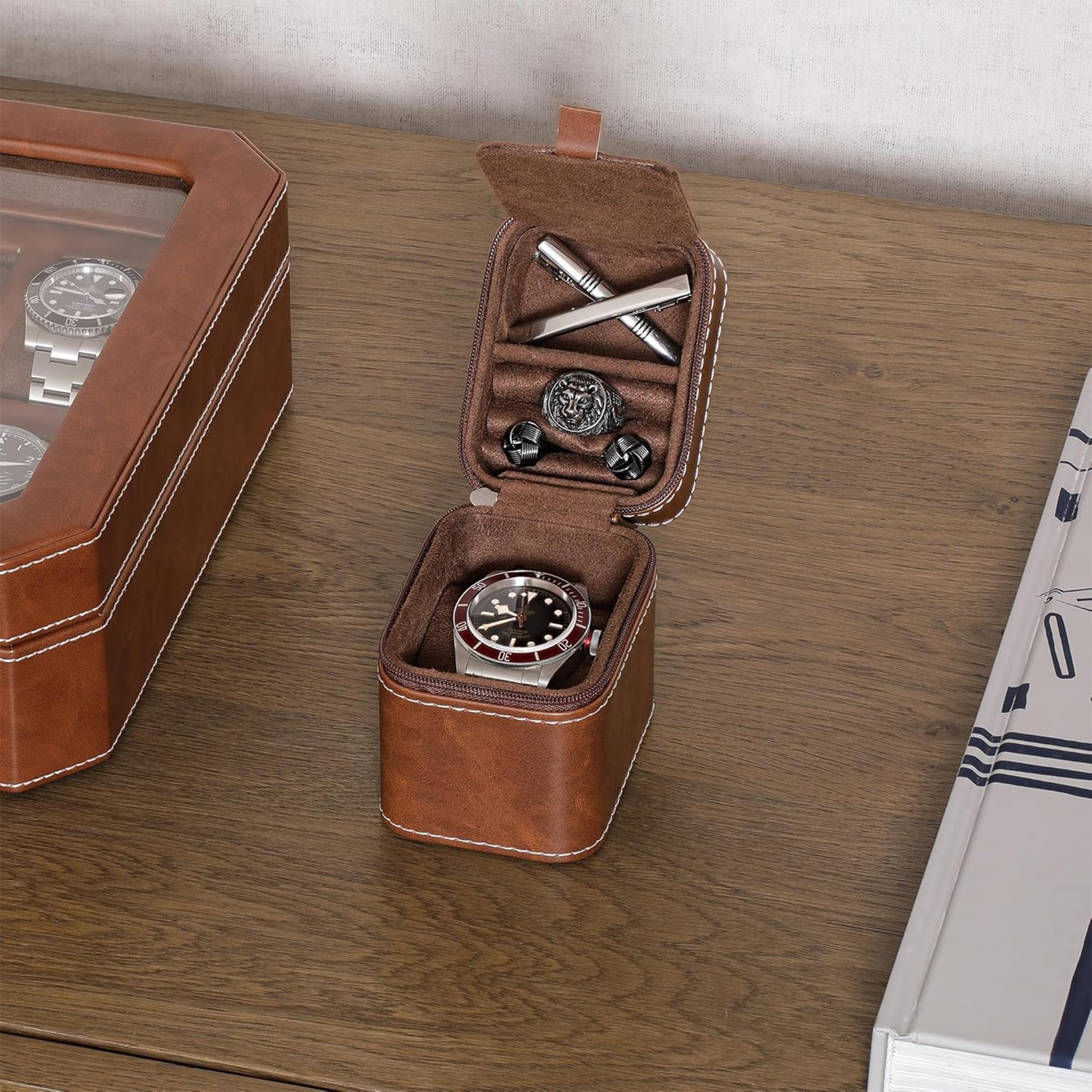 ROTHWELL Estuche de viaje para reloj individual con tapa para accesorios (marrón/marrón)