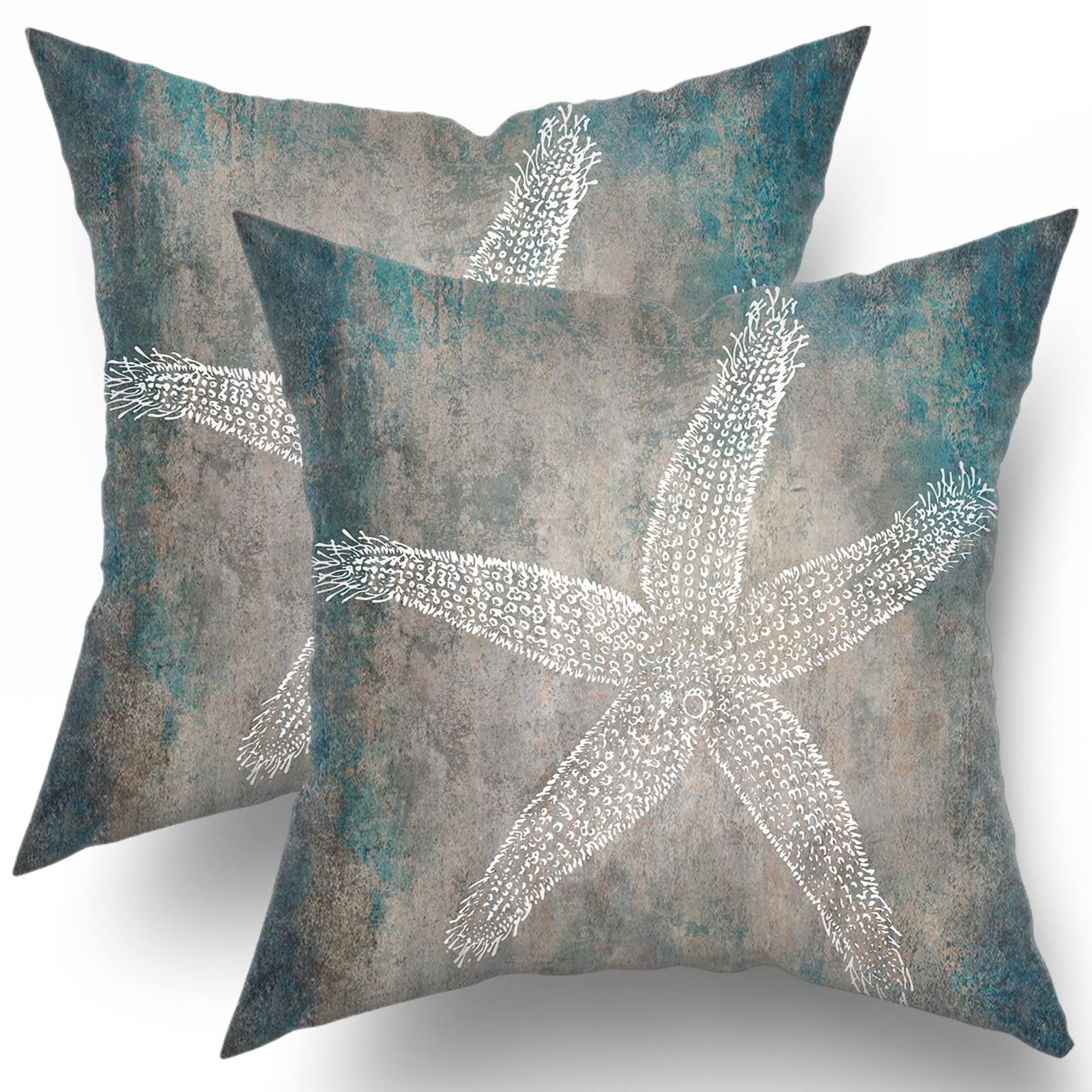 Nautical Starfish Throw Pillow Covers Vintage Star Blue Sea Beachy Coastal Cushion Cover for Bedroom Living Room Sofa Set of 2 Cotton Decorative