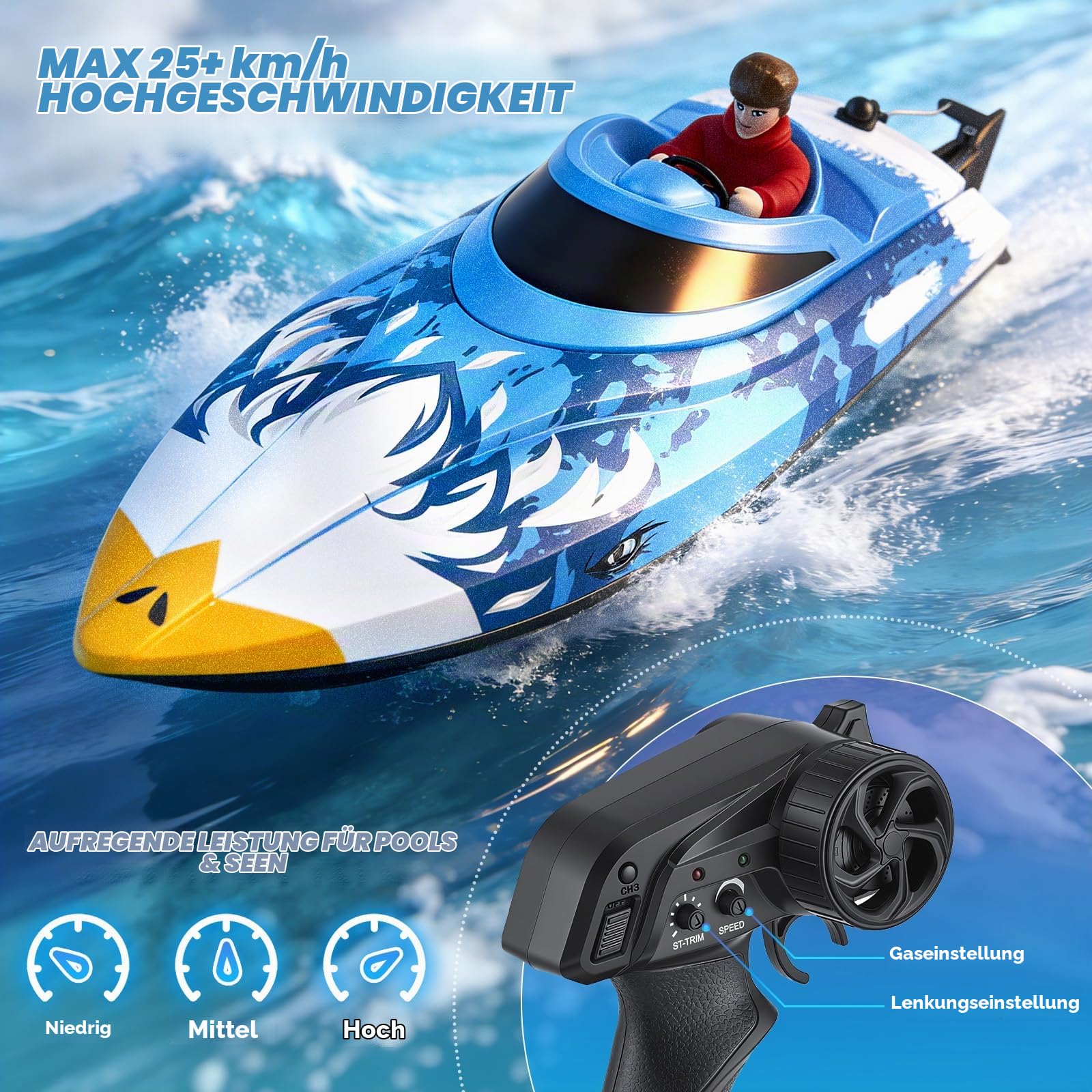 Ferngesteuertes RC Boot 25 km/h - 2,4 GHz Fernsteuerung mit 120m Reichweite - Wasserdichtes Speedboot mit LED & Flip-Funktion - 2 Akkus & Wasserkühlung für Pool See Erwachsene Kinder, Blau + Muster