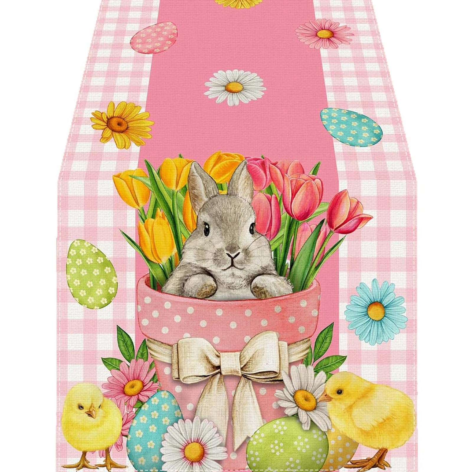 Carotoe L Farmhouse Inen Table Scarf Easter Rabbits Design Rectangular Washable For Home Styling Inen Easter Rabbits Table Runner