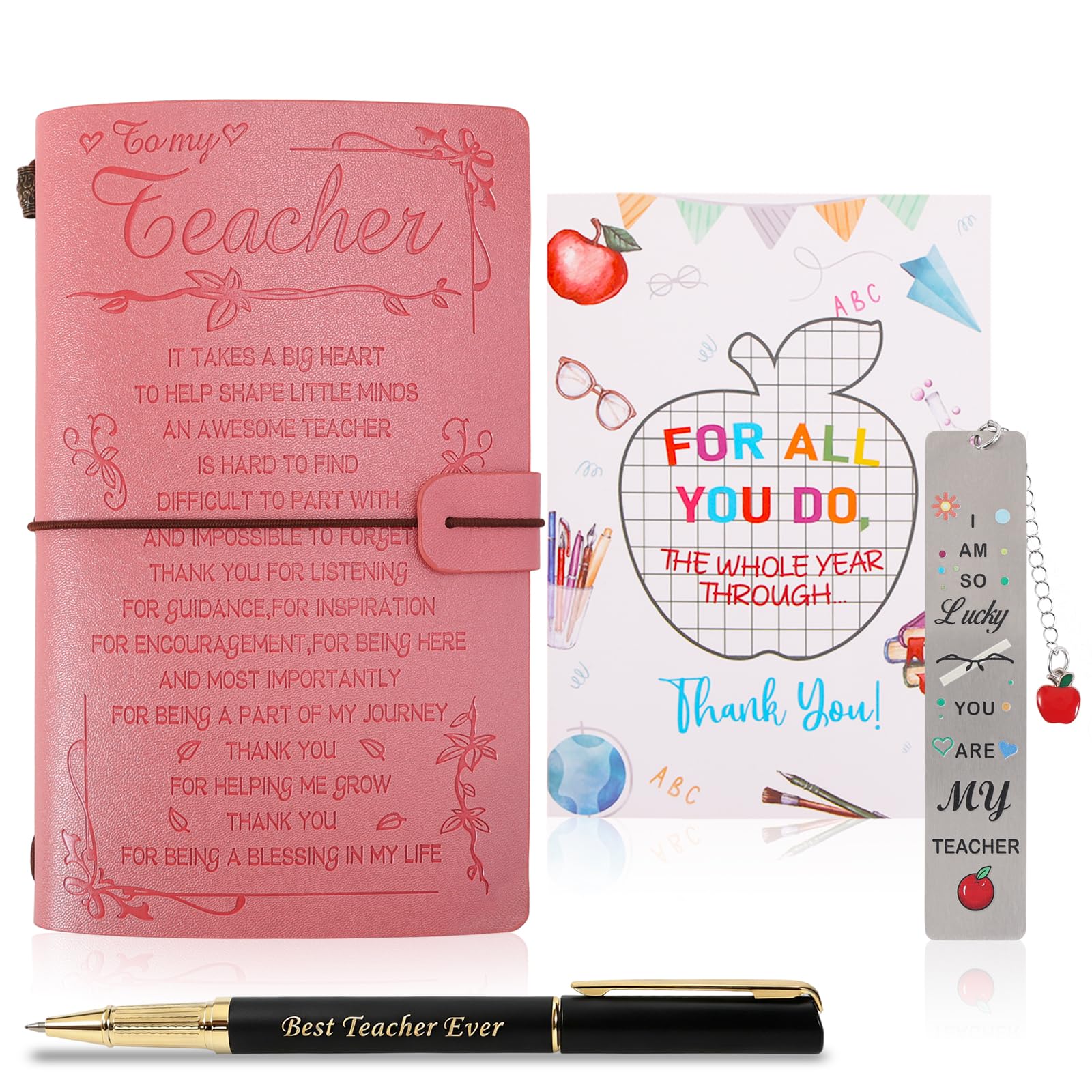 Vspek Teacher Appreciation Gifts Set, Thank You Teacher Journal Notebook with Bookmark, Black Pen & Greeting Card, Unique End of Year Teacher Gifts for Women Men (Pink)