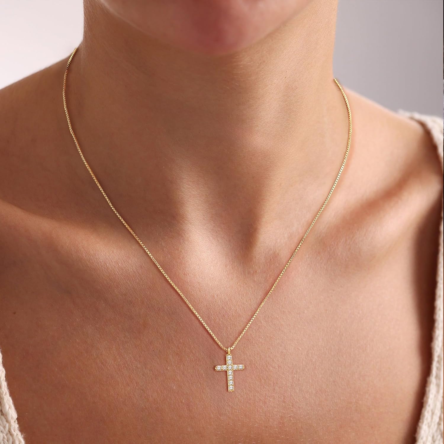 Tewiky 14K Gold Plated/Silver Plated Cross Necklace for Women Trendy Chunky Cross Pendant Necklace Toggle Clasp Paperclip Box Chain Charm Necklaces for Women Jewelry Gift Christian Religious Baptism - Image 5