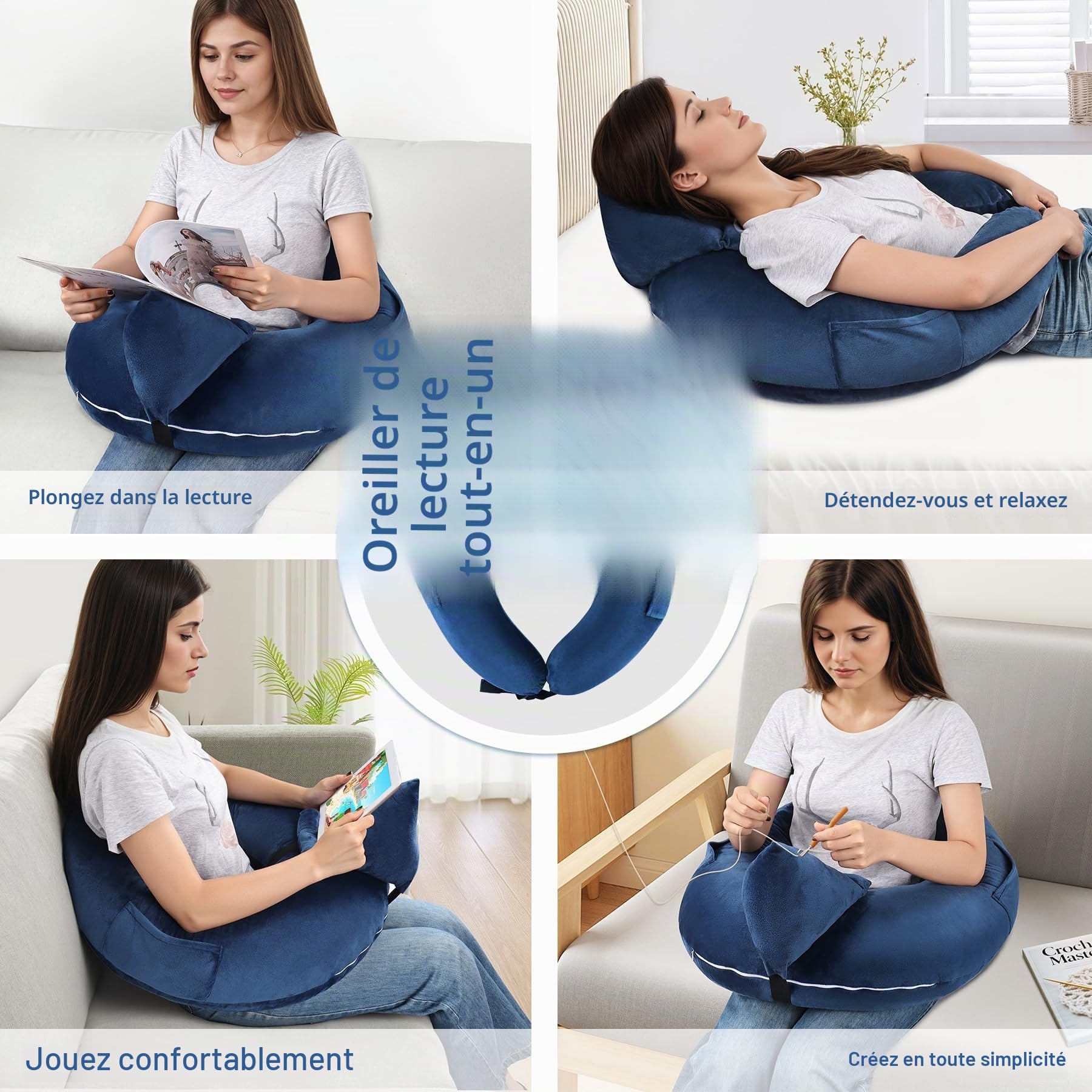 INFANZIA Coussin de lecture pour le jeu, coussin de soutien pour le bras, coussin de forme U pour les genoux avec poche latérale pour le lit et le canapé, coussin de jeu compact avec support pour