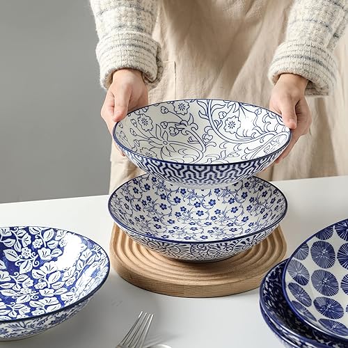 Miniatura 6 de Selamica Porcelain 40oz Large Bowls 9 inch Big Pasta Salad Bowls, Microwave and Oven Safe, Vintage Blue, Set of 6 Azul antiguo