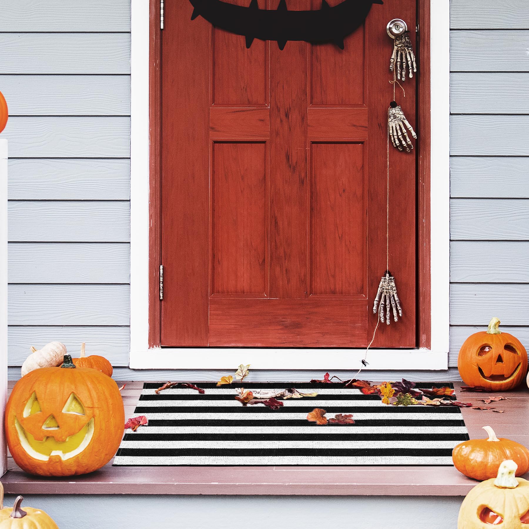 HOMEMONDE Black and White Area Rug 3'x5' Cotton Striped Reversible Woven Rugs Washable Indoor Outdoor Carpet for Living Room, Bedroom, Entryway, Porch