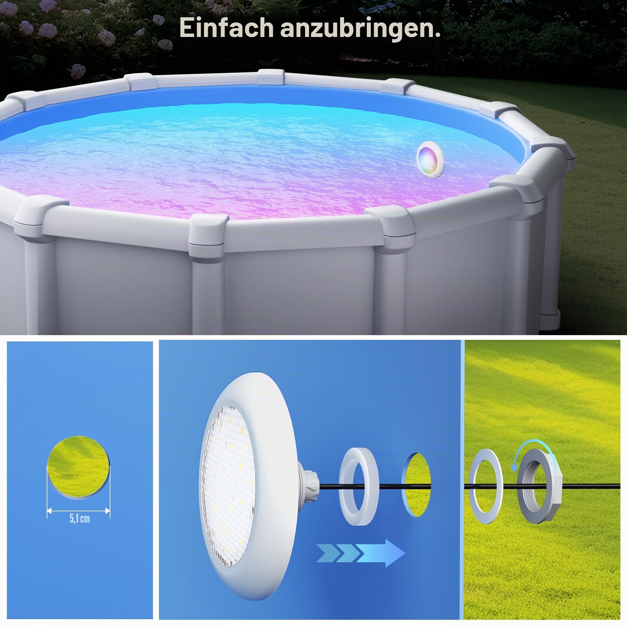 LyLmLe LED Poolscheinwerfer mit Außengewinde 2", 15W RGB Poolbeleuchtung mit Controller & Fernbedienung, Ø190mm, 12V AC Unterwasserscheinwerfer LED für Aufstellbecken Stahlwandpool, 2 Set