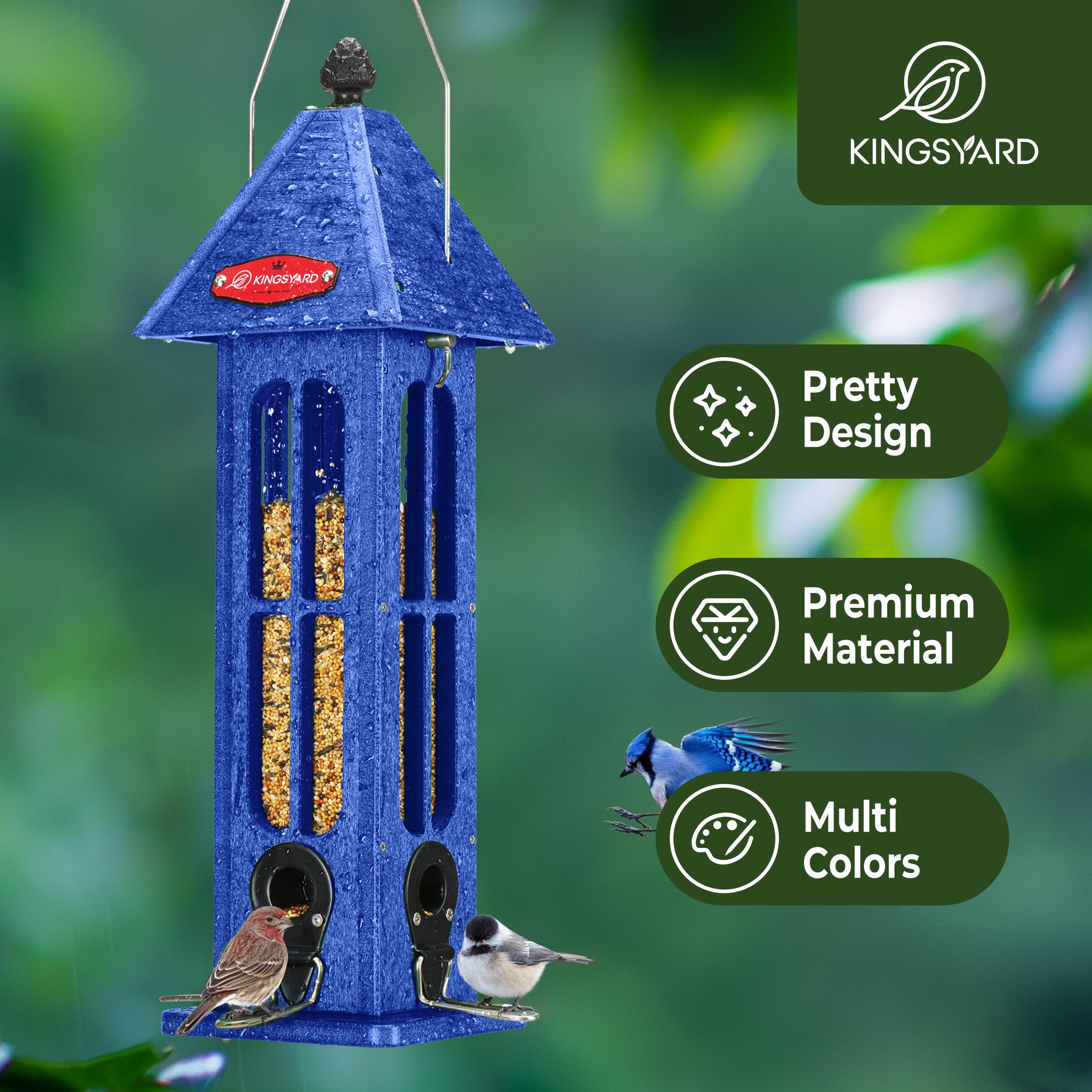 Kingsyard Comedero impermeable para pájaros para colgar al aire libre, comedero de plástico reciclado para pájaros silvestres con 4 puertos de metal, decoración de jardín para pinzones cardenales,