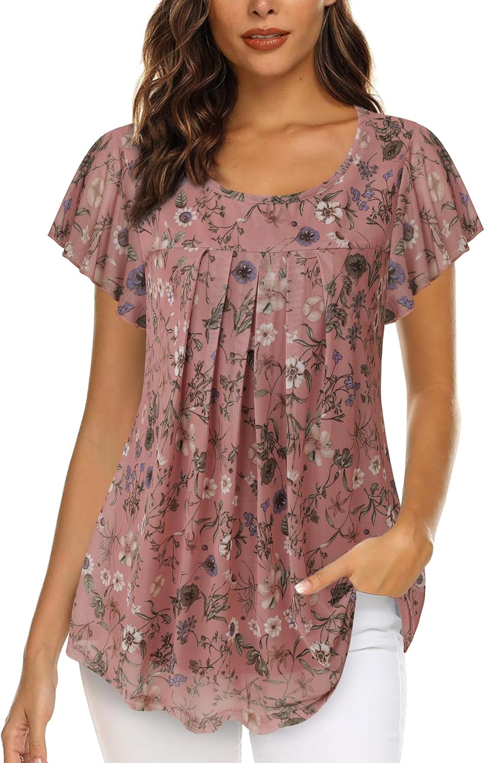 Furnex Women's Short Sleeve Tunic Shirt Pleated Mesh Blouses Summer Floral Tops - Image 2