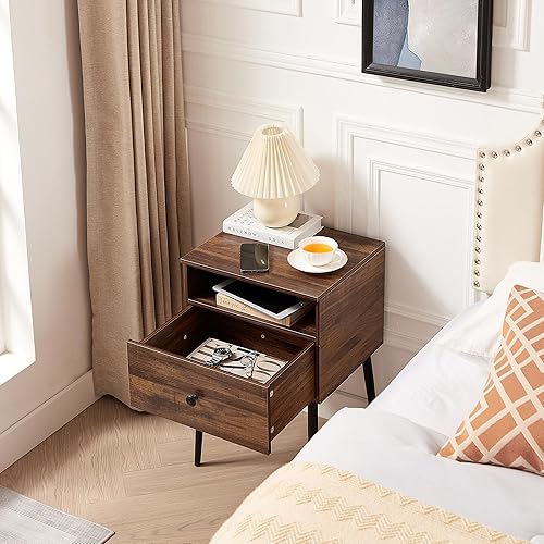 Miniatura 13 de VECELO Juego de 2 mesitas de noche modernas, mesa auxiliar cuadrada con cajón y espacio de almacenamiento para dormitorio y sala de estar Marrón