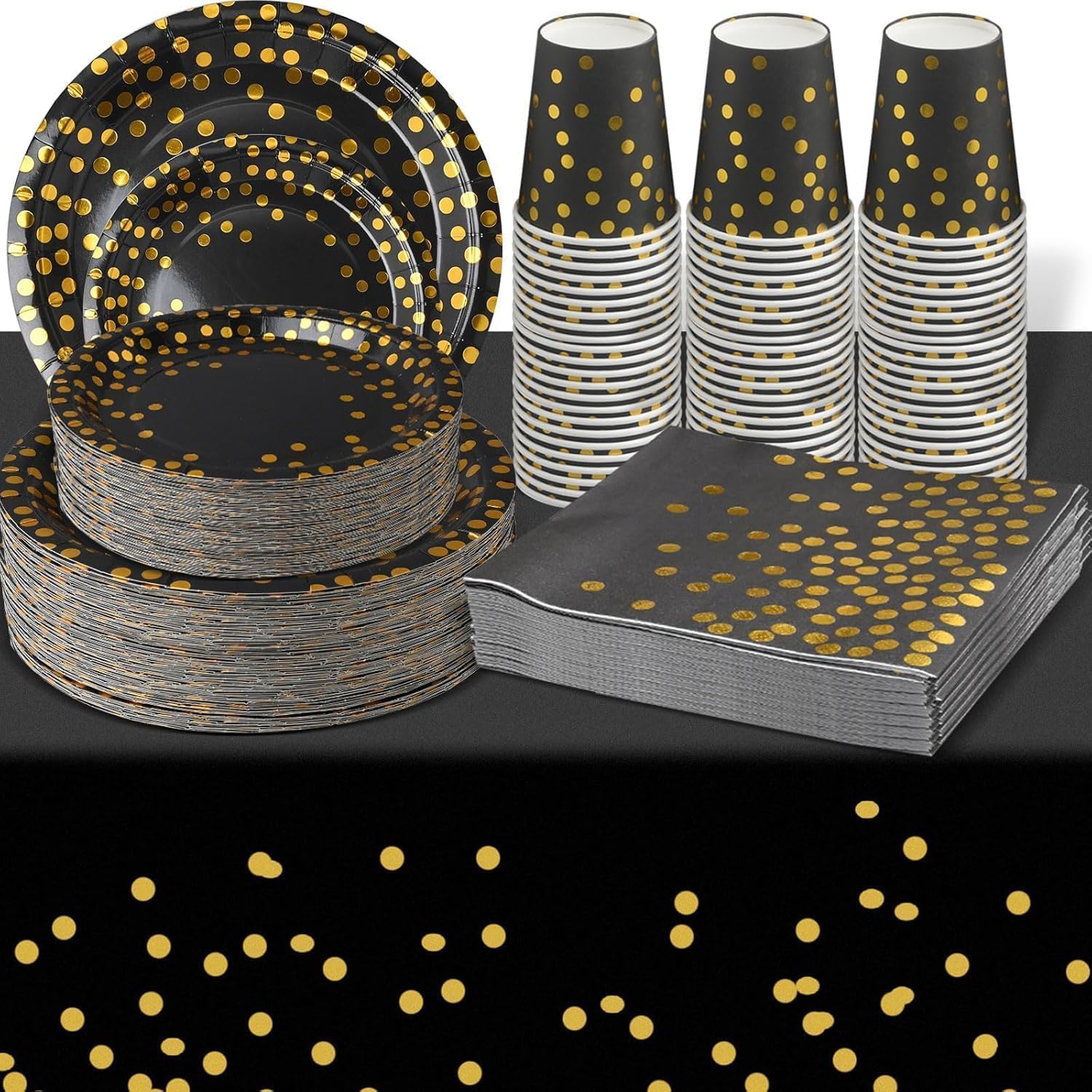 Vaisselle de fête noire et or 201 pièces, assiettes, gobelets, serviettes et nappe à pois dorés. Élégant et pratique pour anniversaire, mariage, baby shower ou toute autre célébration spéciale