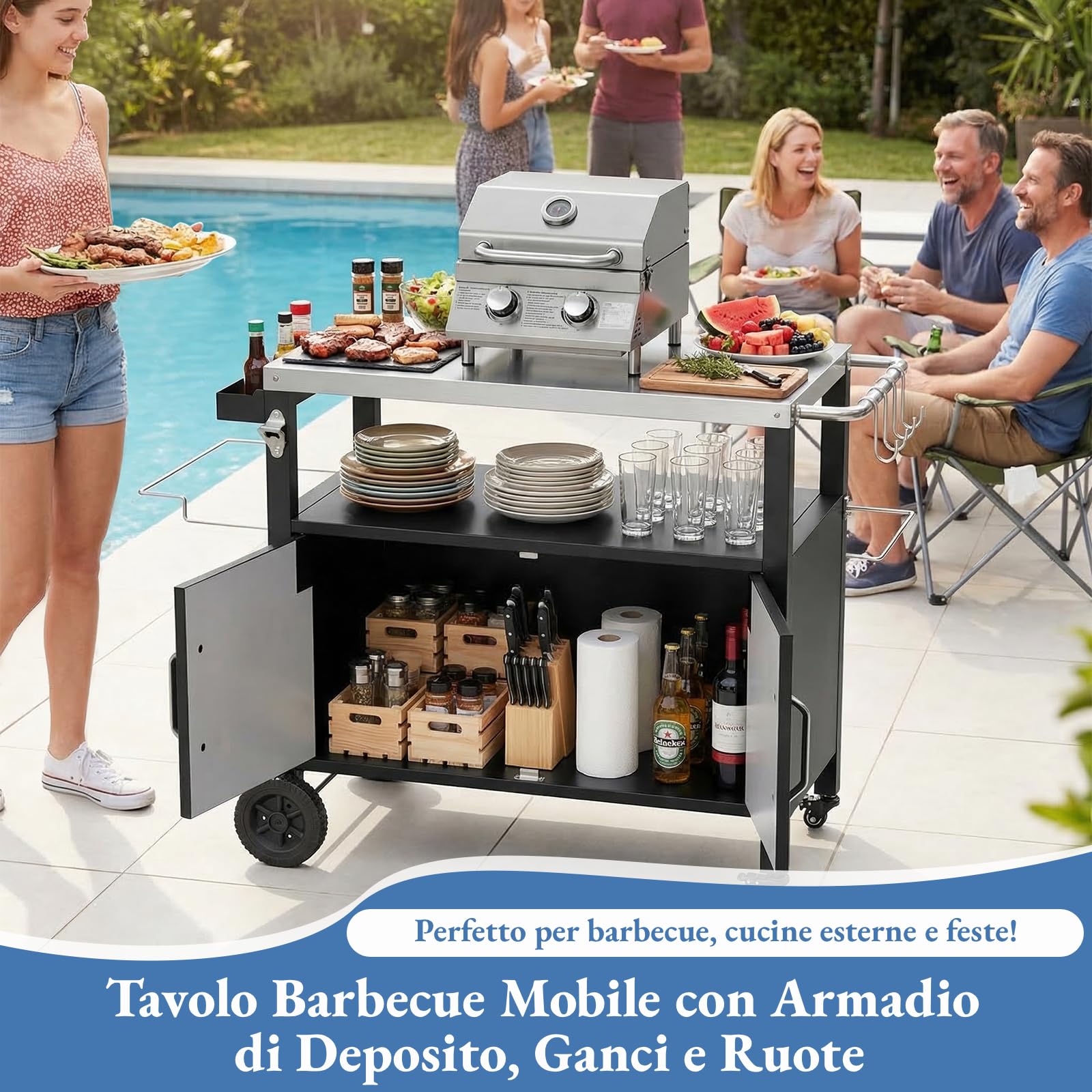 TLSUNNY Carrello per Barbecue con Piano in Acciaio Inox, Tavolo per Barbecue con Porta, 4 Ruote, Carrello da Cucina da Esterno, Carrello da Giardino per Terrazzo, Balcone, Picnic, 112 x 51 x 82.5 cm