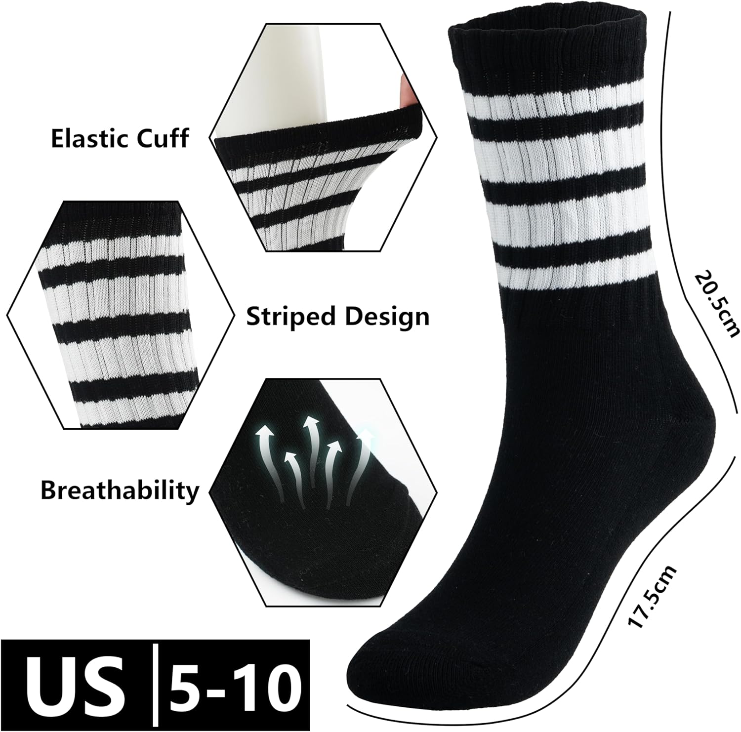 BomKinta Striped Crew Socks Women - Retro Novelty Socks - Stretchy Casual Athletic Cotton Gifts Sock Size 5-10 - Image 6