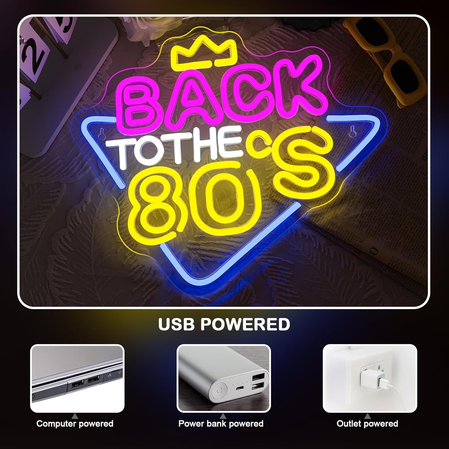 Looklight Back To The 80'S Neon Sign, USB Powered Led Signs for Wall Decor, 80's Party Supplies