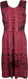 Mogul Interior Womens Dresses Pink Embroidered Stonewashed Sleeveless Flared Dress M